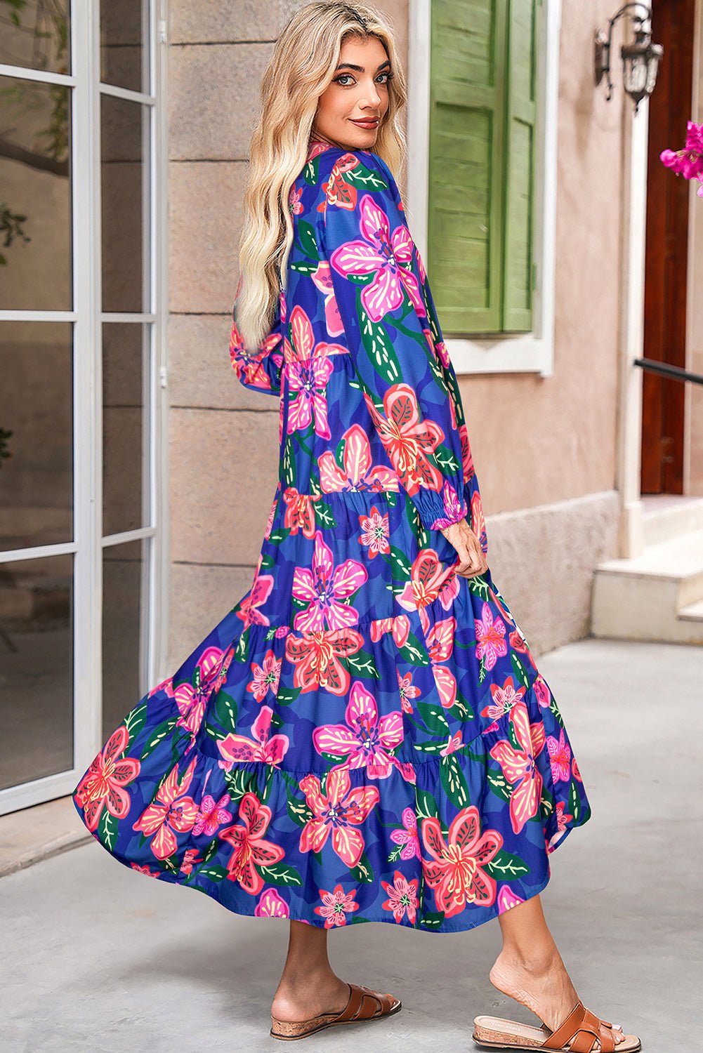 Blue Bohemian Floral Print Three Quarter Sleeve Tiered Maxi Dress - MAD RUFFI