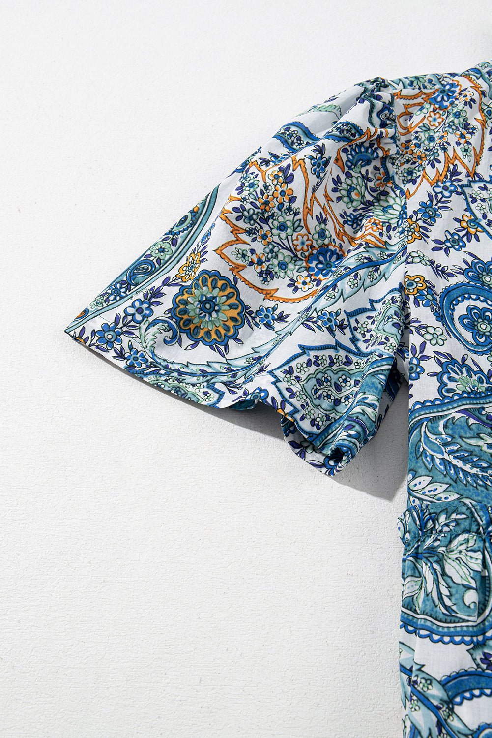 Blue Bohemian Paisley Floral V Neck Puff Sleeve Mini Dress - MAD RUFFI