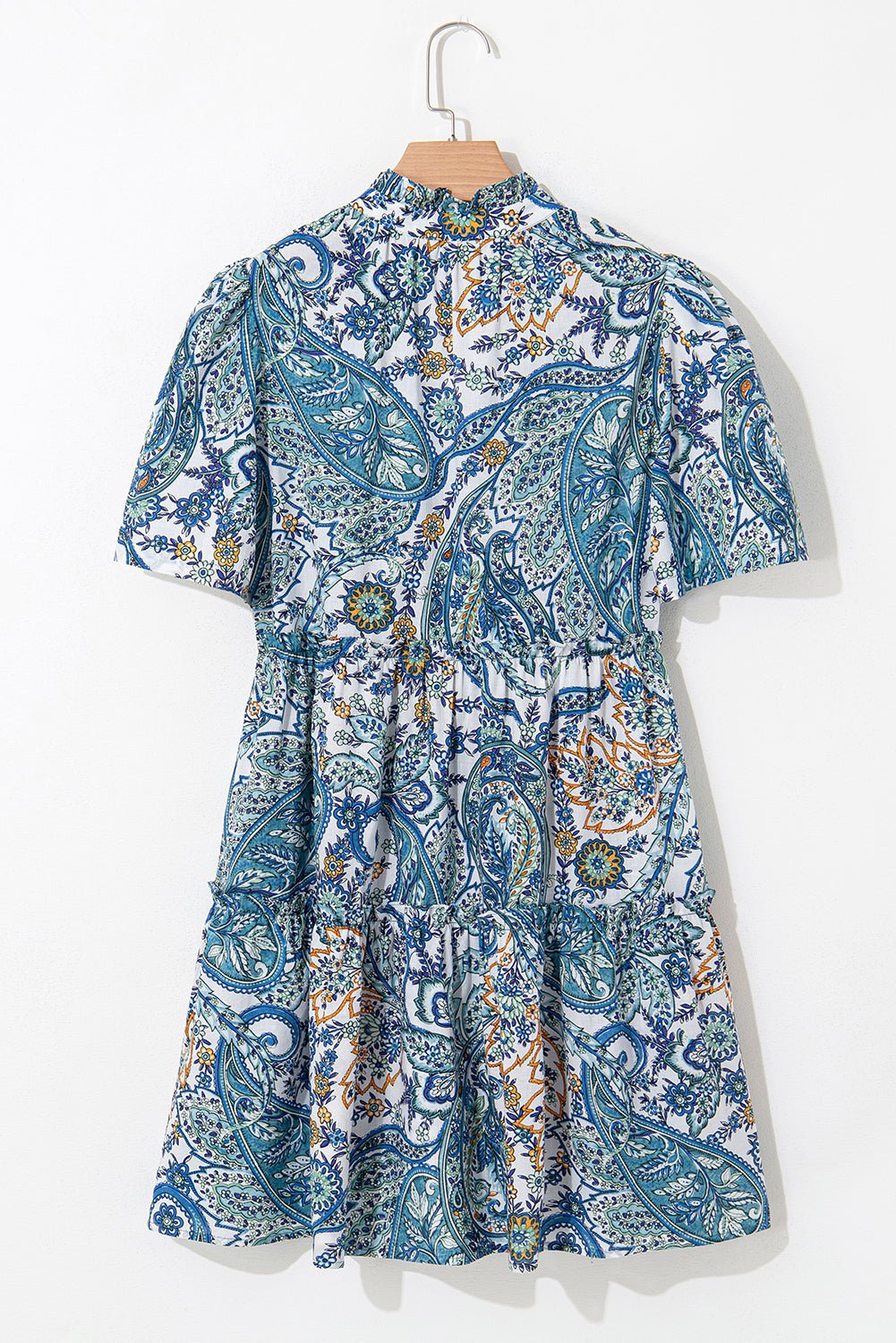 Blue Bohemian Paisley Floral V Neck Puff Sleeve Mini Dress - MAD RUFFI