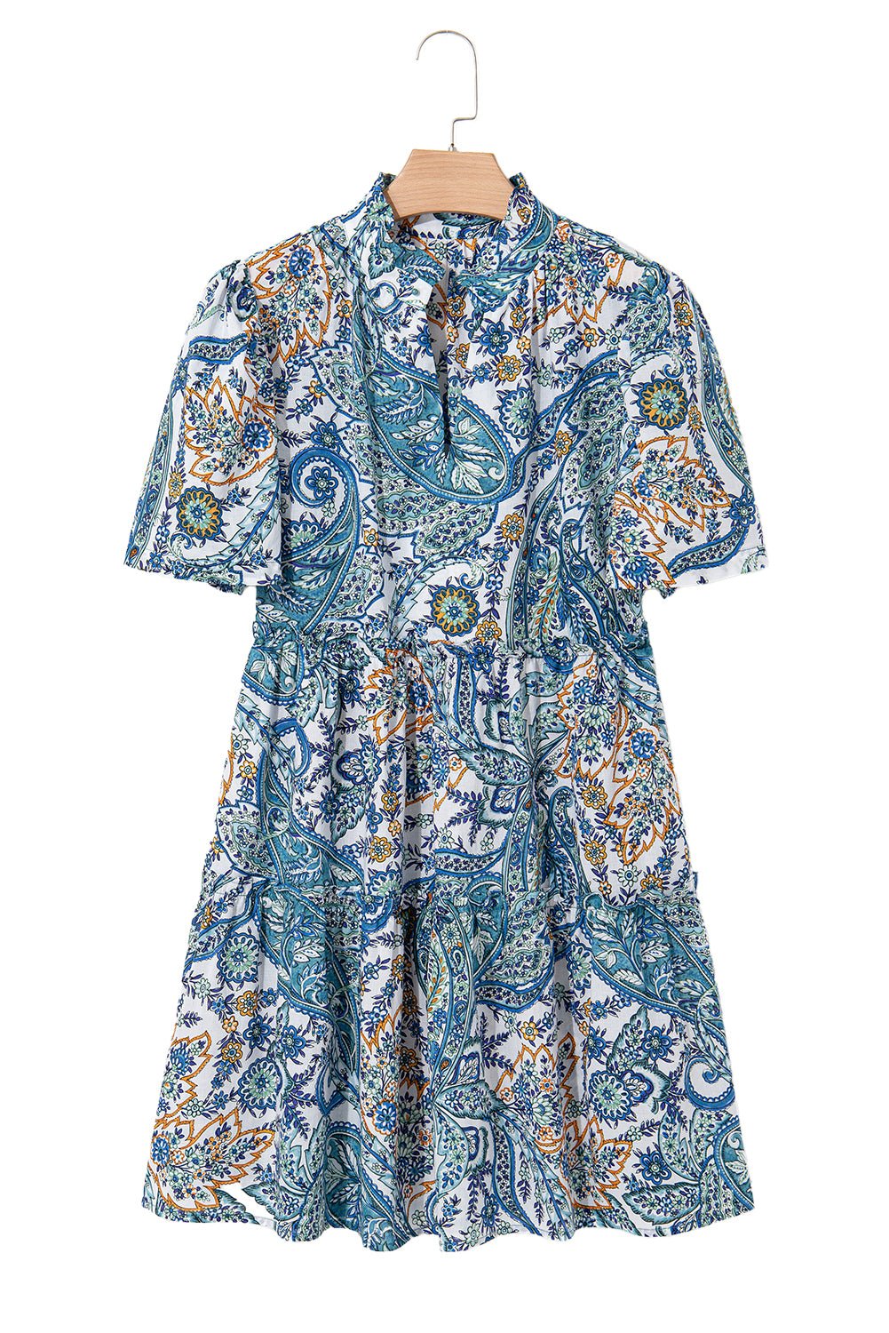 Blue Bohemian Paisley Floral V Neck Puff Sleeve Mini Dress - MAD RUFFI