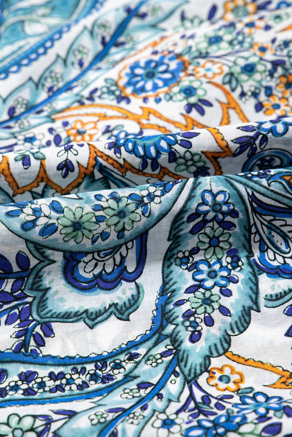 Blue Bohemian Paisley Floral V Neck Puff Sleeve Mini Dress - MAD RUFFI