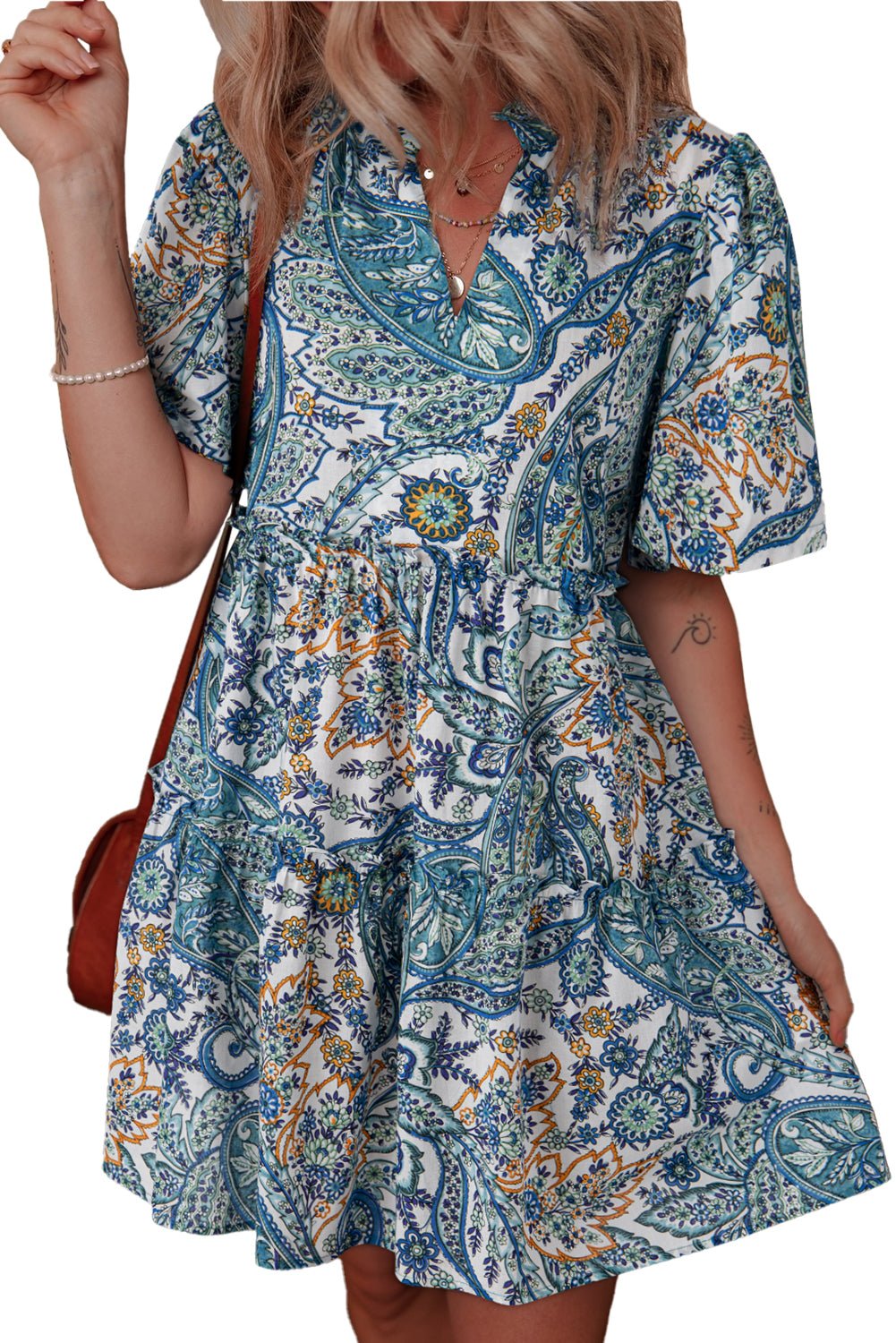 Blue Bohemian Paisley Floral V Neck Puff Sleeve Mini Dress - MAD RUFFI