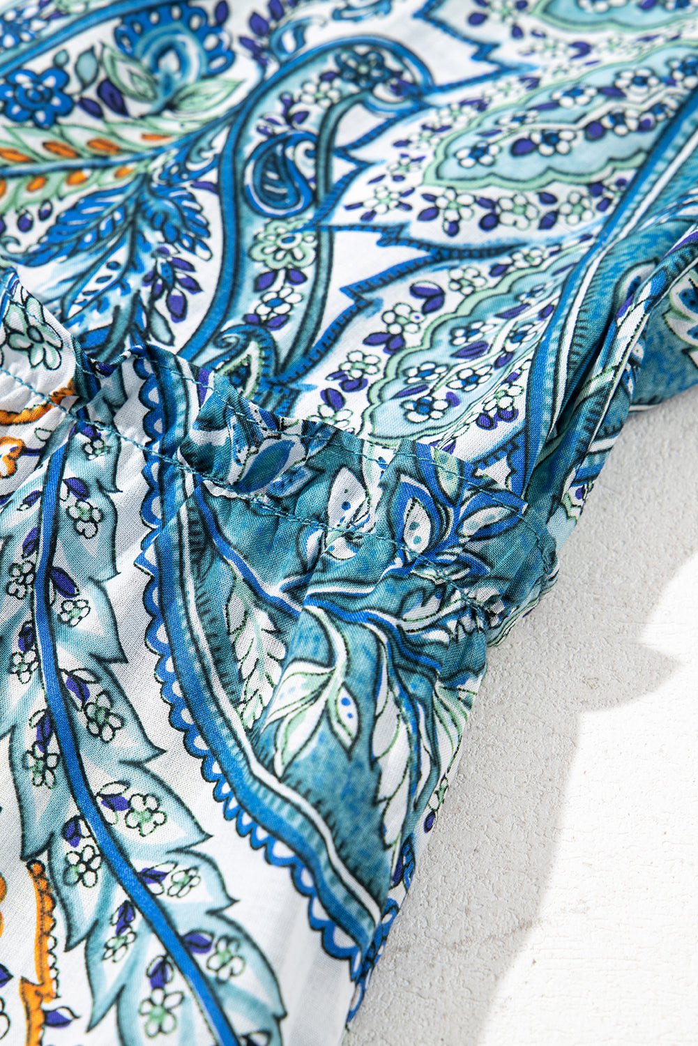 Blue Bohemian Paisley Floral V Neck Puff Sleeve Mini Dress - MAD RUFFI