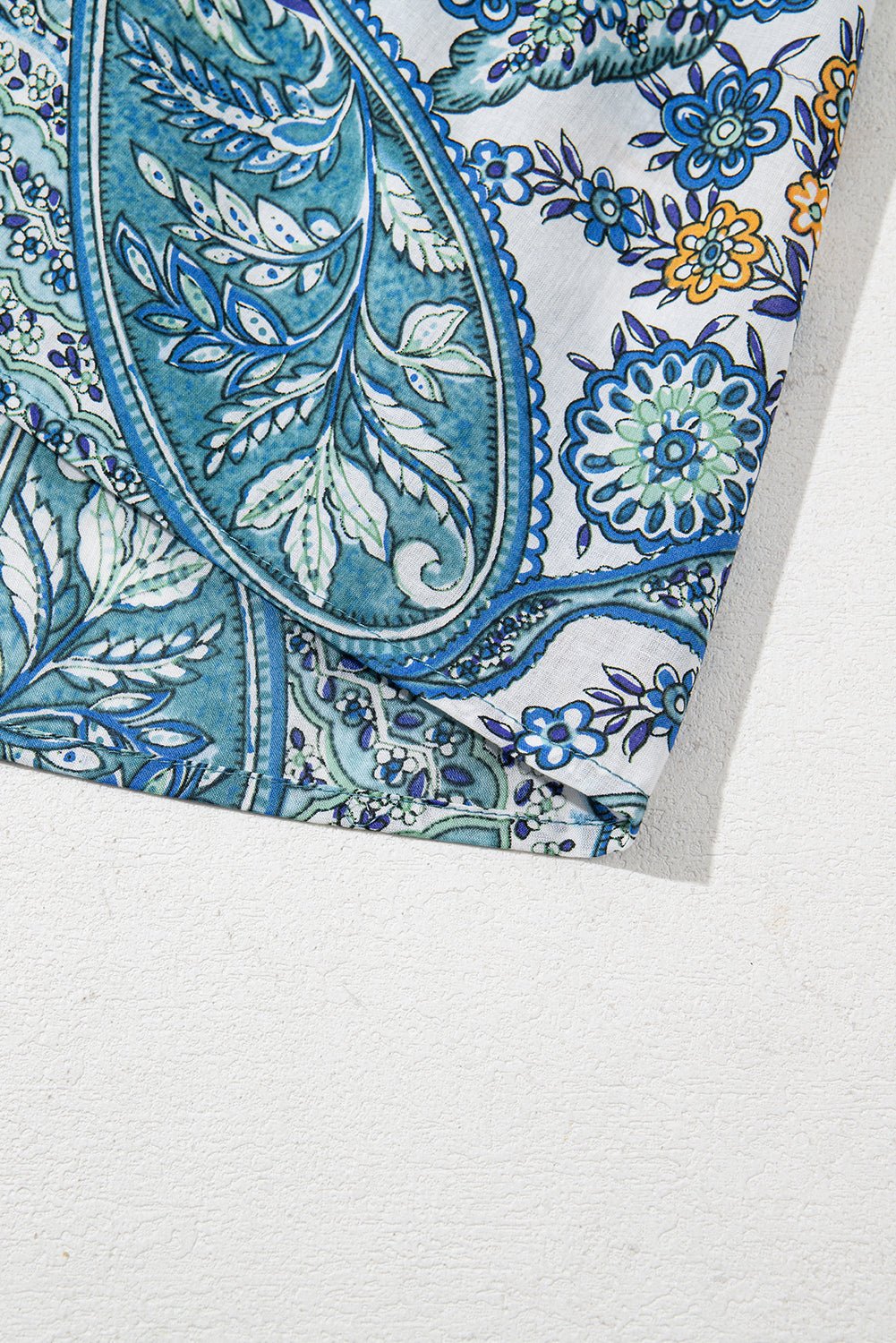 Blue Bohemian Paisley Floral V Neck Puff Sleeve Mini Dress - MAD RUFFI