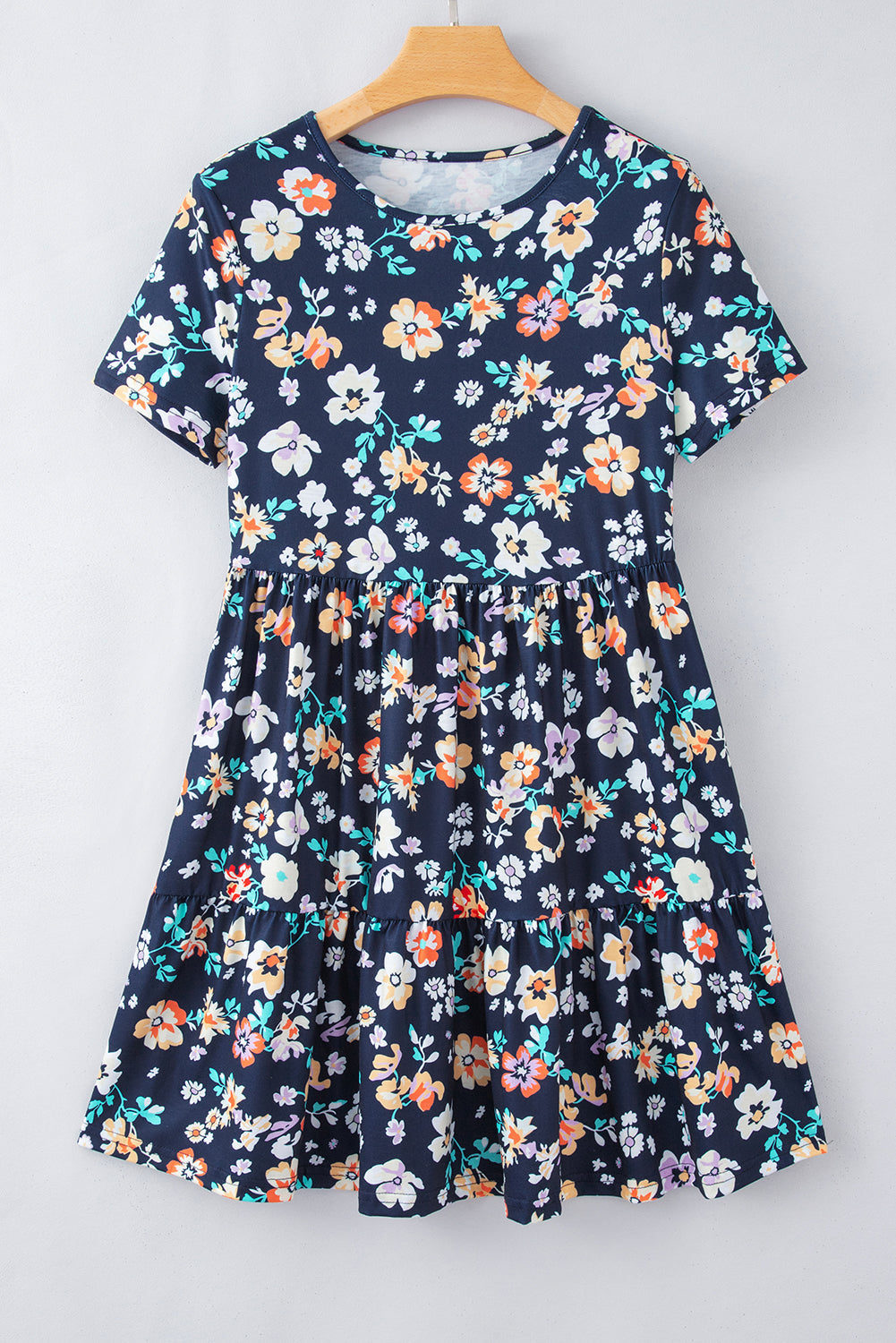 Blue Boho Floral A Line Smocked Waist Mini Dress - MAD RUFFI