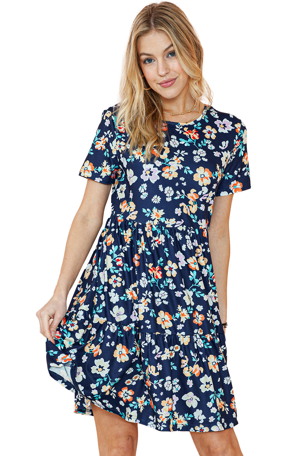 Blue Boho Floral A Line Smocked Waist Mini Dress - MAD RUFFI