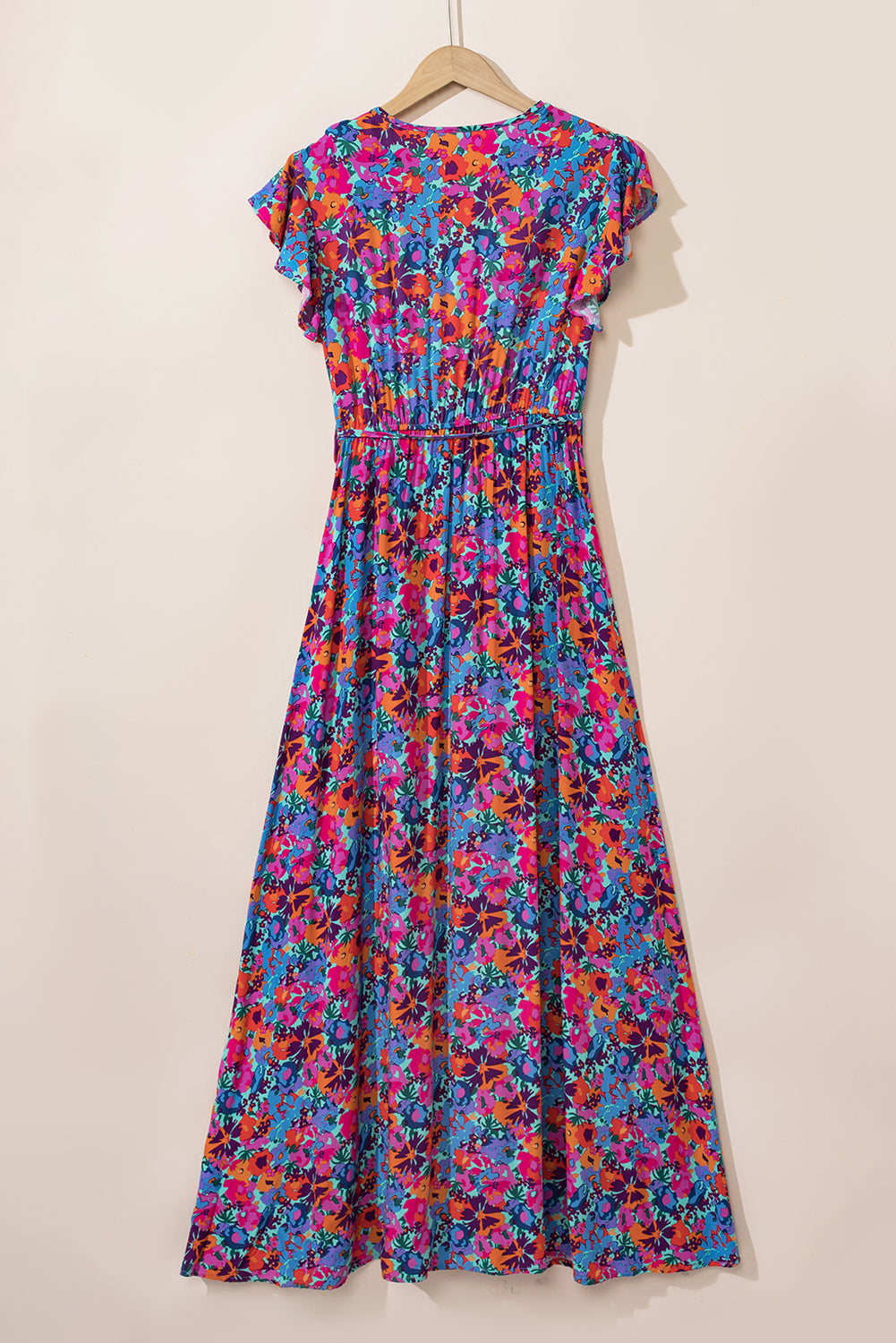 Blue Boho Floral Print V Neck Wrap Split Maxi Dress - MAD RUFFI