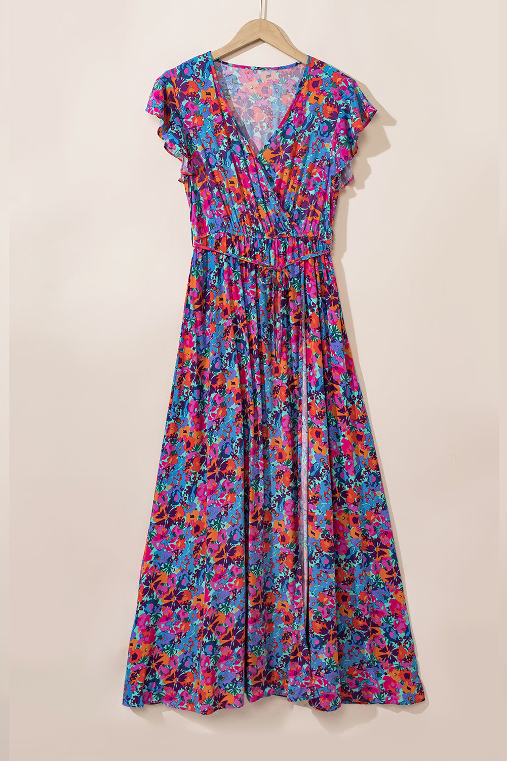 Blue Boho Floral Print V Neck Wrap Split Maxi Dress - MAD RUFFI