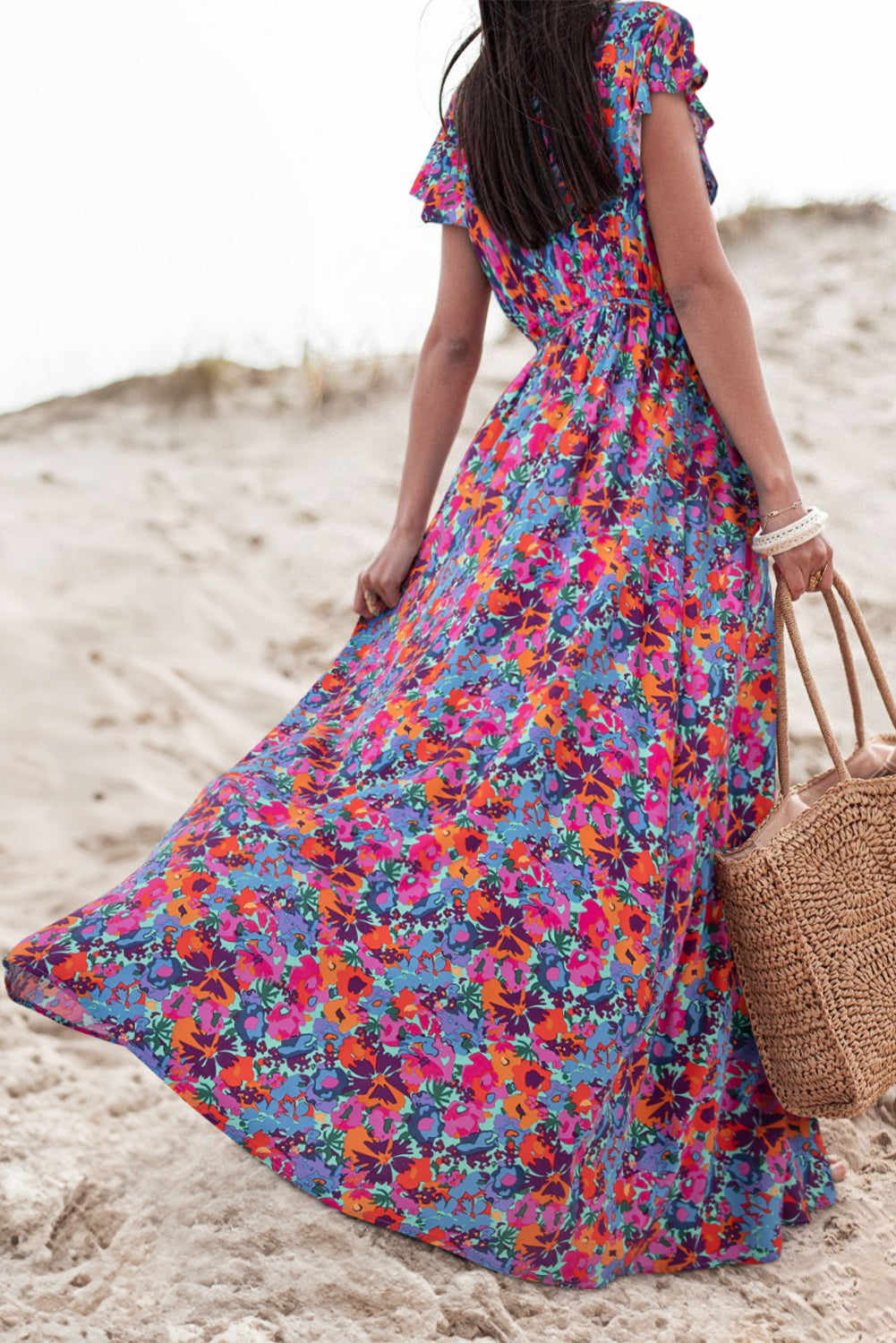 Blue Boho Floral Print V Neck Wrap Split Maxi Dress - MAD RUFFI