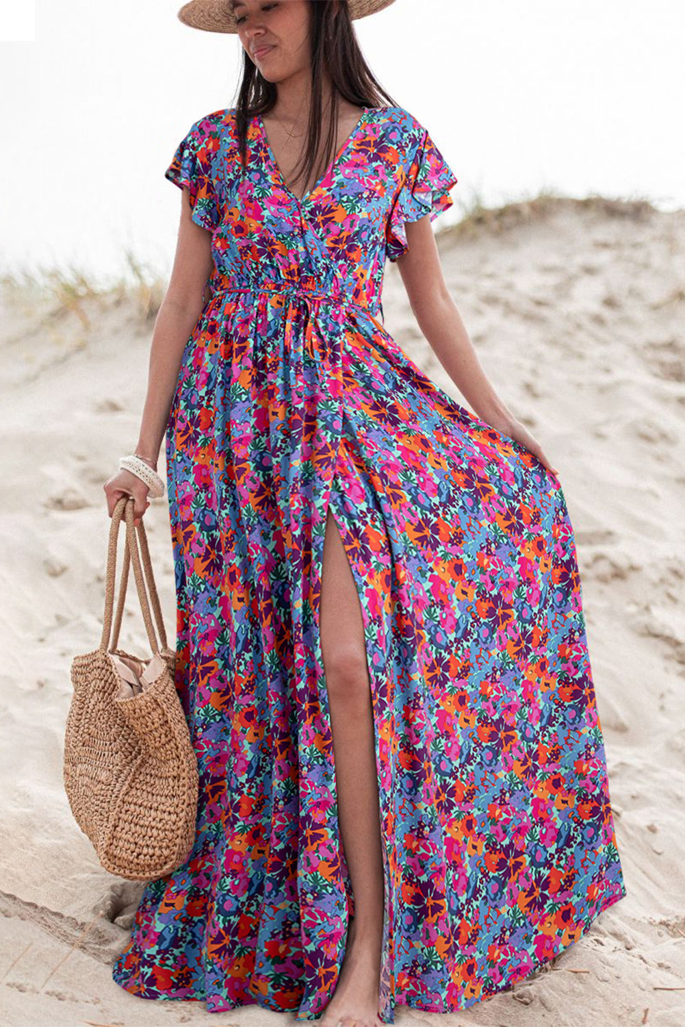 Blue Boho Floral Print V Neck Wrap Split Maxi Dress - MAD RUFFI