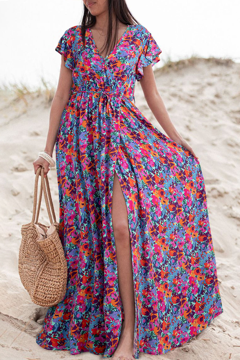 Blue Boho Floral Print V Neck Wrap Split Maxi Dress - MAD RUFFI