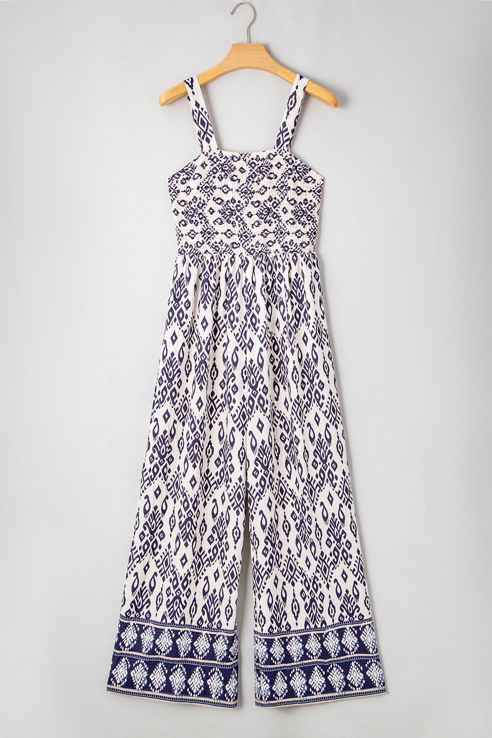 Blue Boho Geometric Print Smocked High Waist Wide Leg Jumpsuit - MAD RUFFI