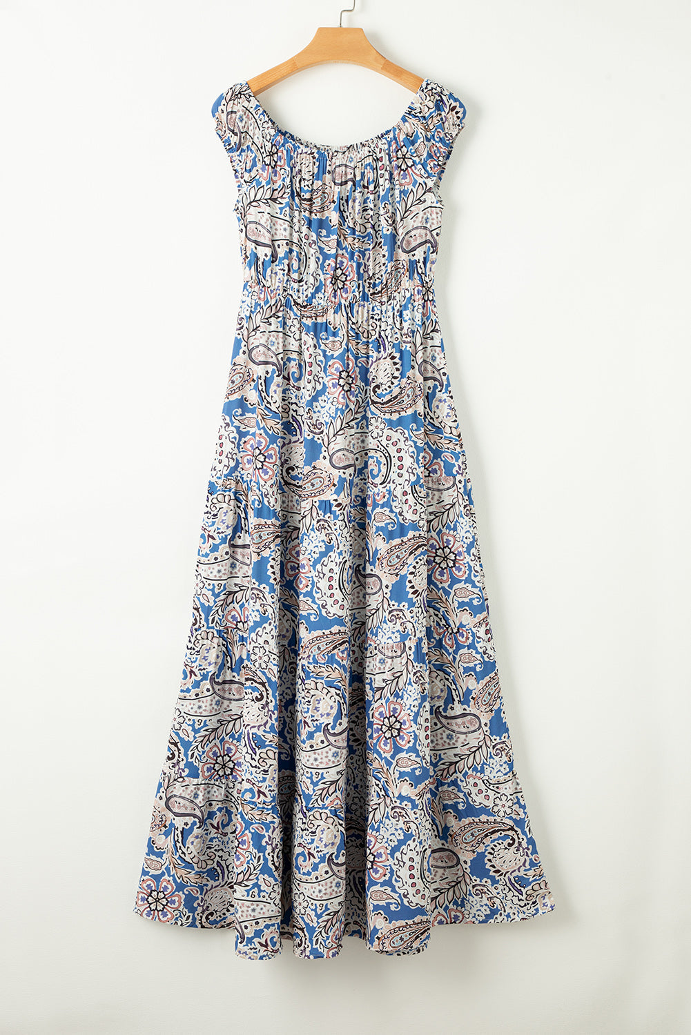 Blue Boho Paisley Print Off Shoulder Maxi Dress - MAD RUFFI