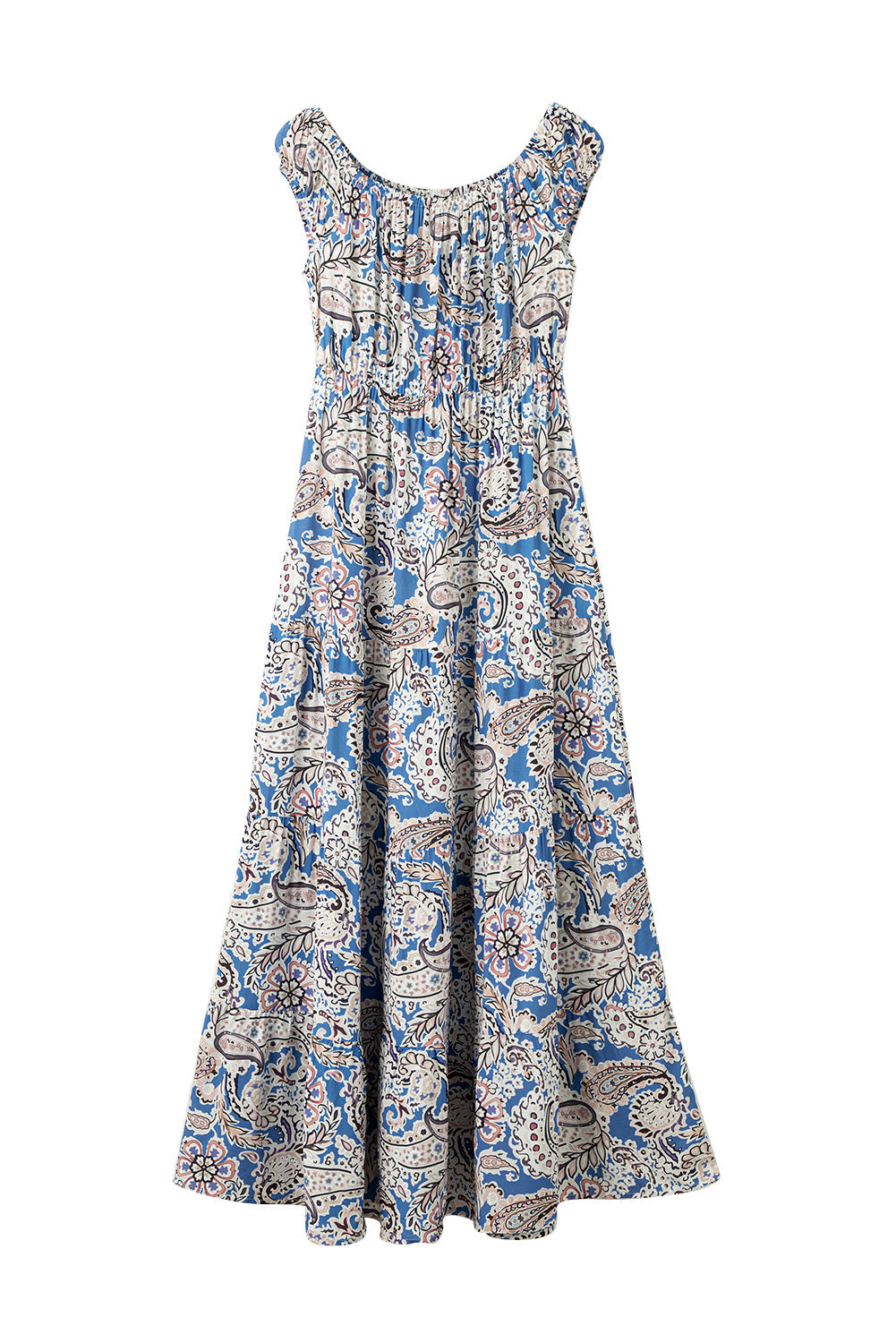 Blue Boho Paisley Print Off Shoulder Maxi Dress - MAD RUFFI