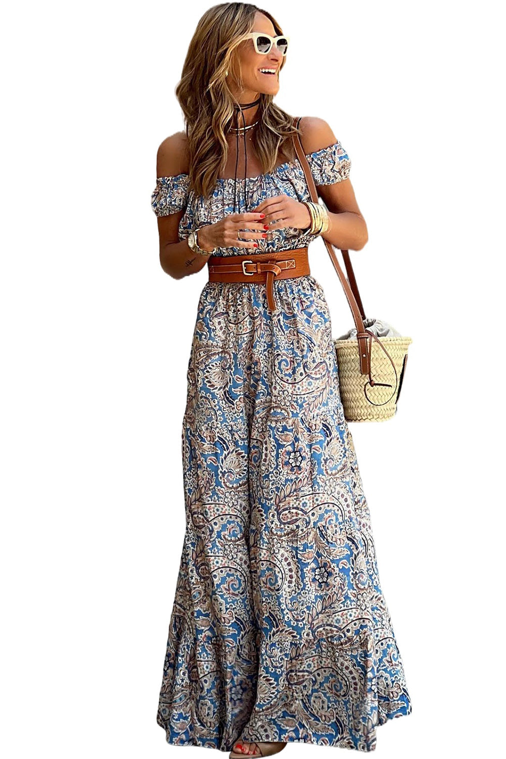 Blue Boho Paisley Print Off Shoulder Maxi Dress - MAD RUFFI