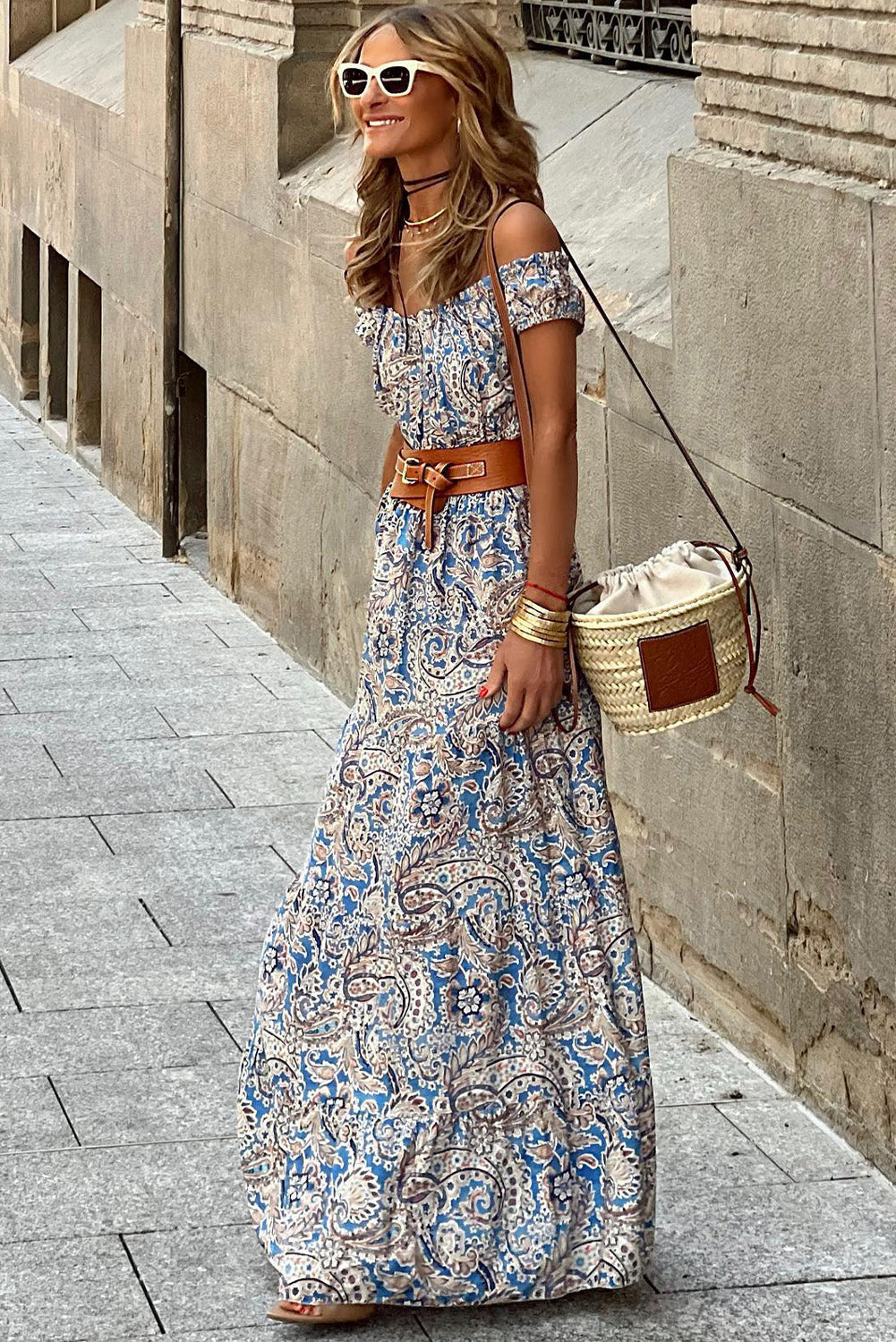 Blue Boho Paisley Print Off Shoulder Maxi Dress - MAD RUFFI