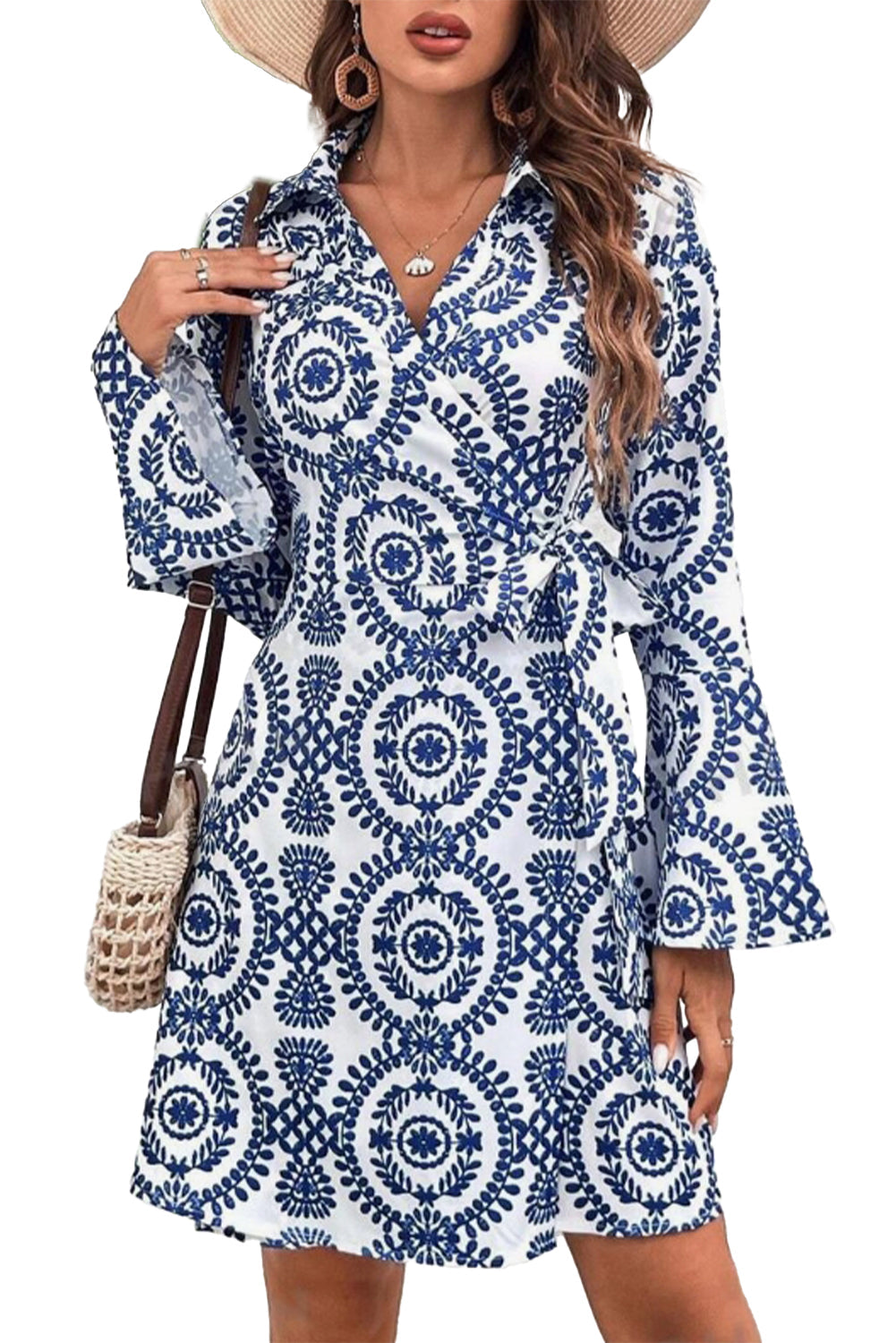 Blue Boho Wrap V-Neck Knotted Mini Dress - MAD RUFFI