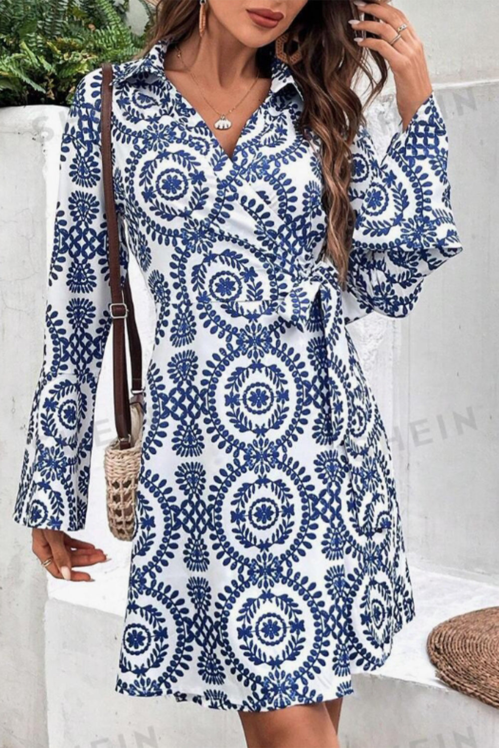 Blue Boho Wrap V-Neck Knotted Mini Dress - MAD RUFFI