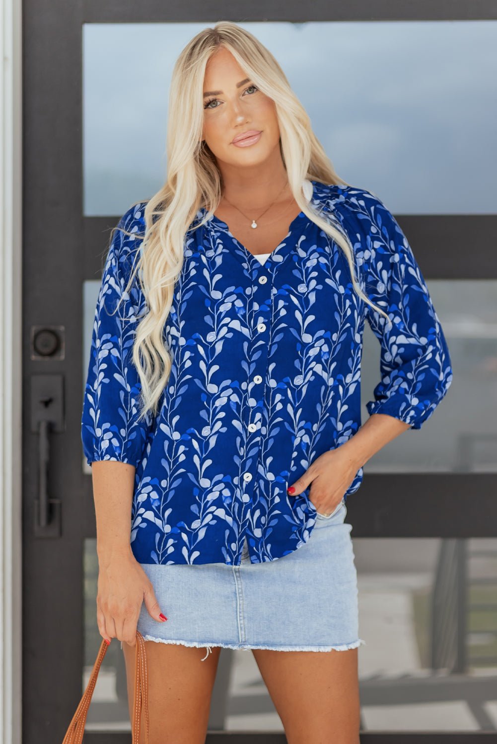 Blue Botanical Print Bracelet Sleeve Notched Neck Blouse - MAD RUFFI