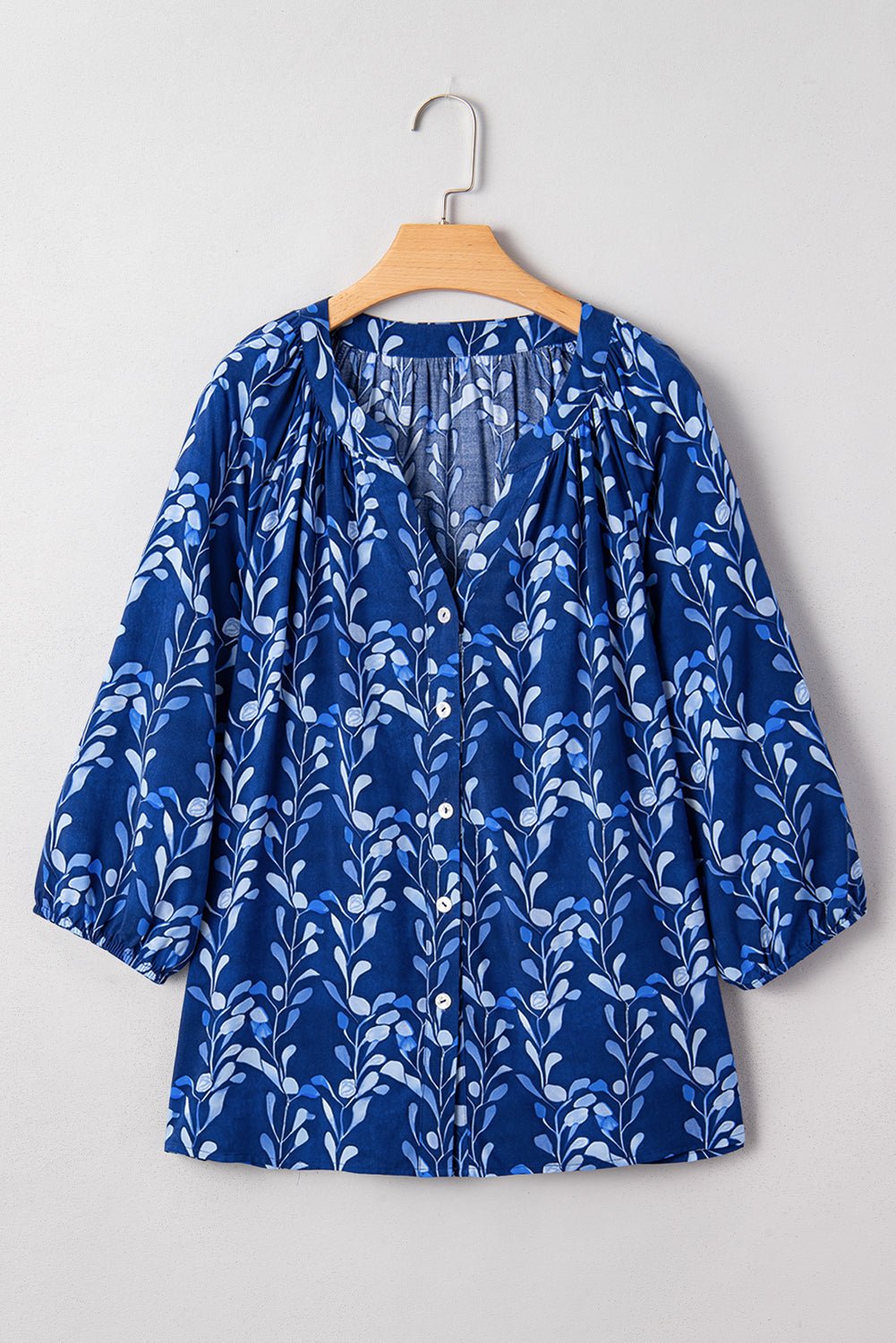 Blue Botanical Print Bracelet Sleeve Notched Neck Blouse - MAD RUFFI