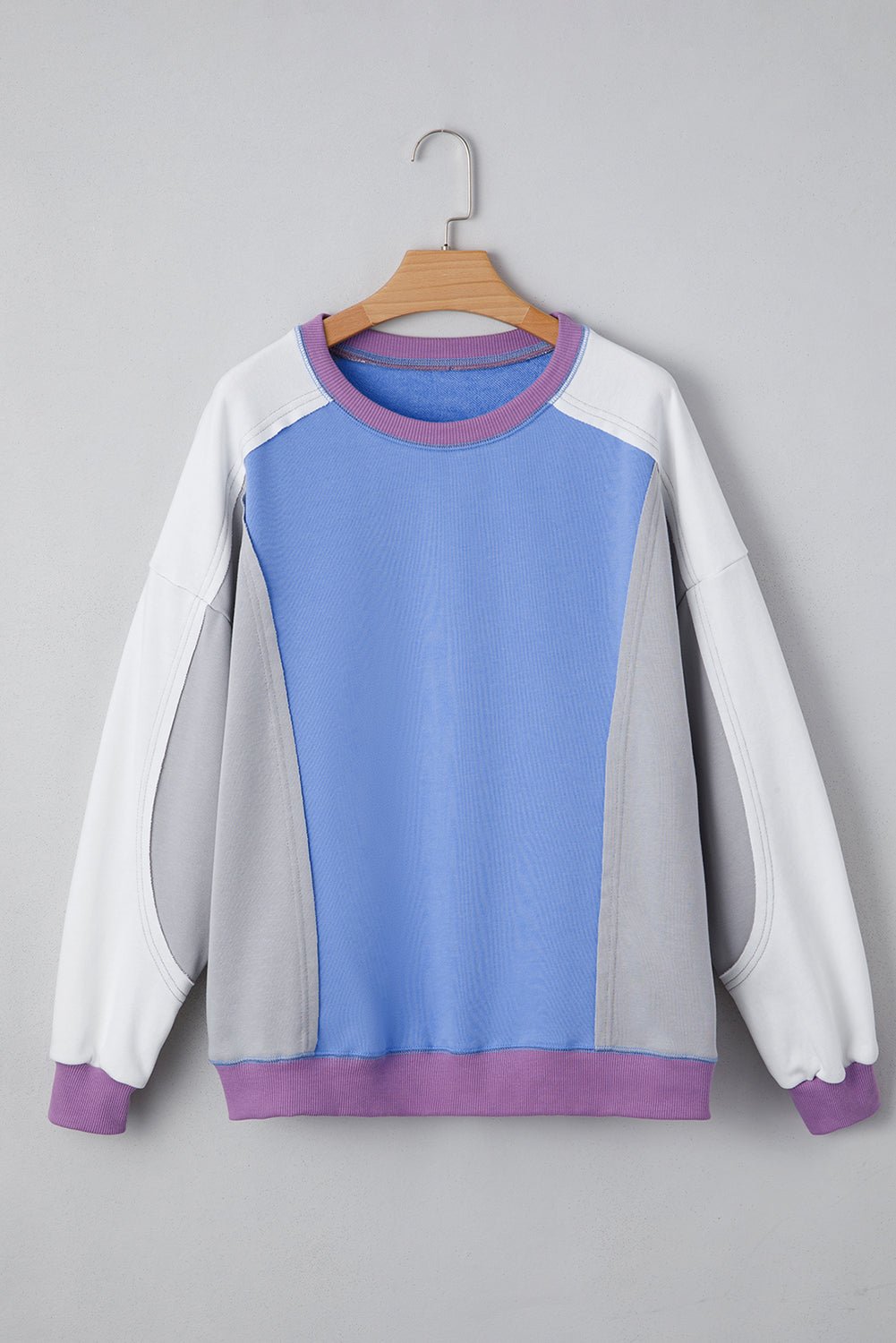 Blue Colorblock Patchwork Round Neck Pullover Sweatshirt - MAD RUFFI