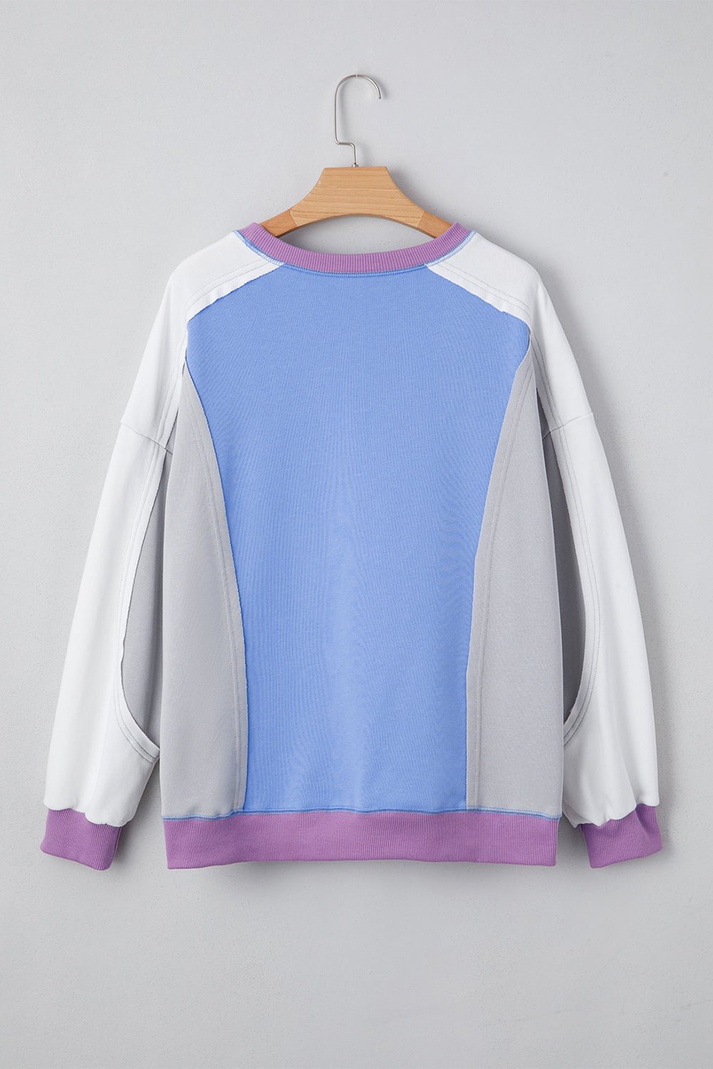 Blue Colorblock Patchwork Round Neck Pullover Sweatshirt - MAD RUFFI