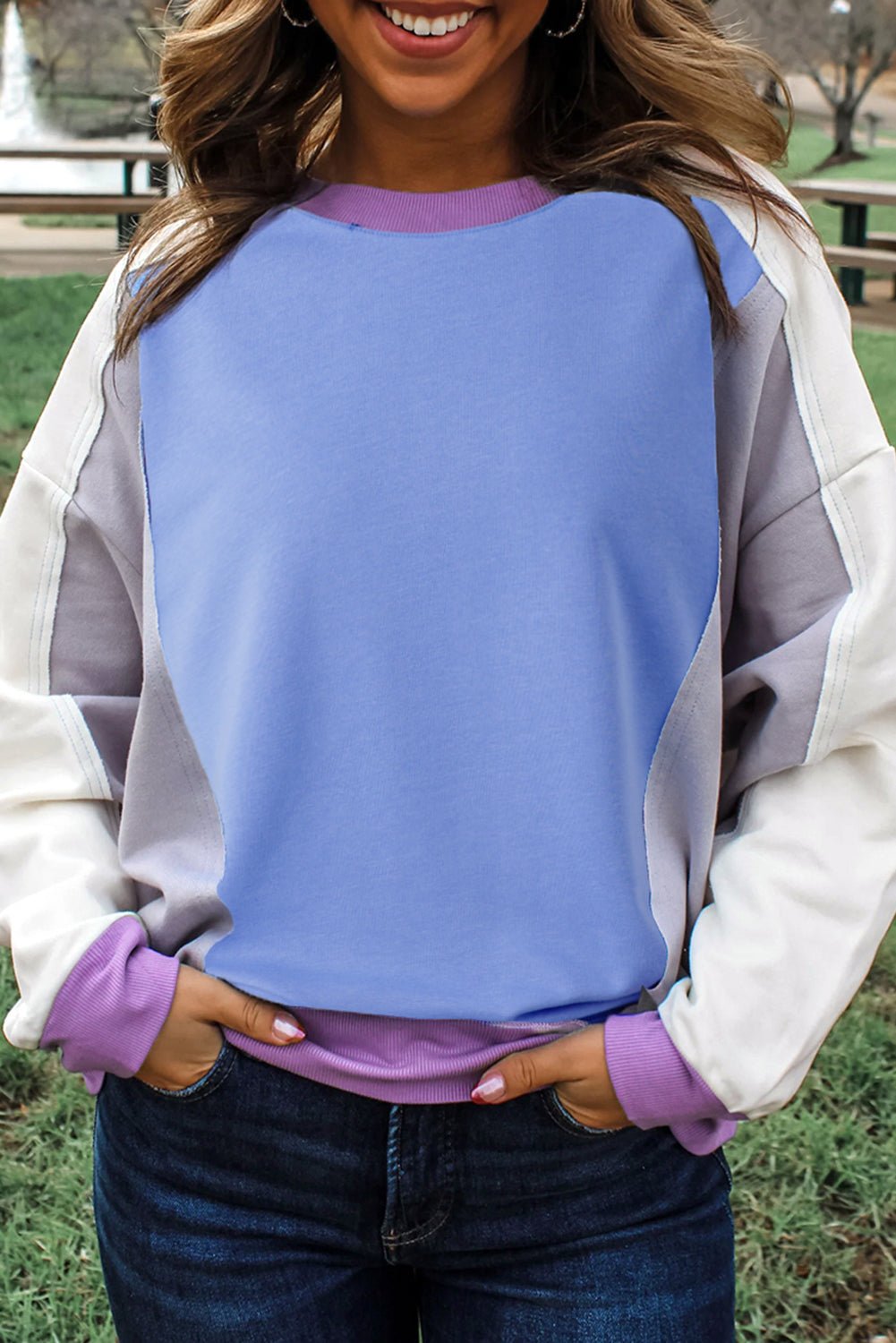 Blue Colorblock Patchwork Round Neck Pullover Sweatshirt - MAD RUFFI