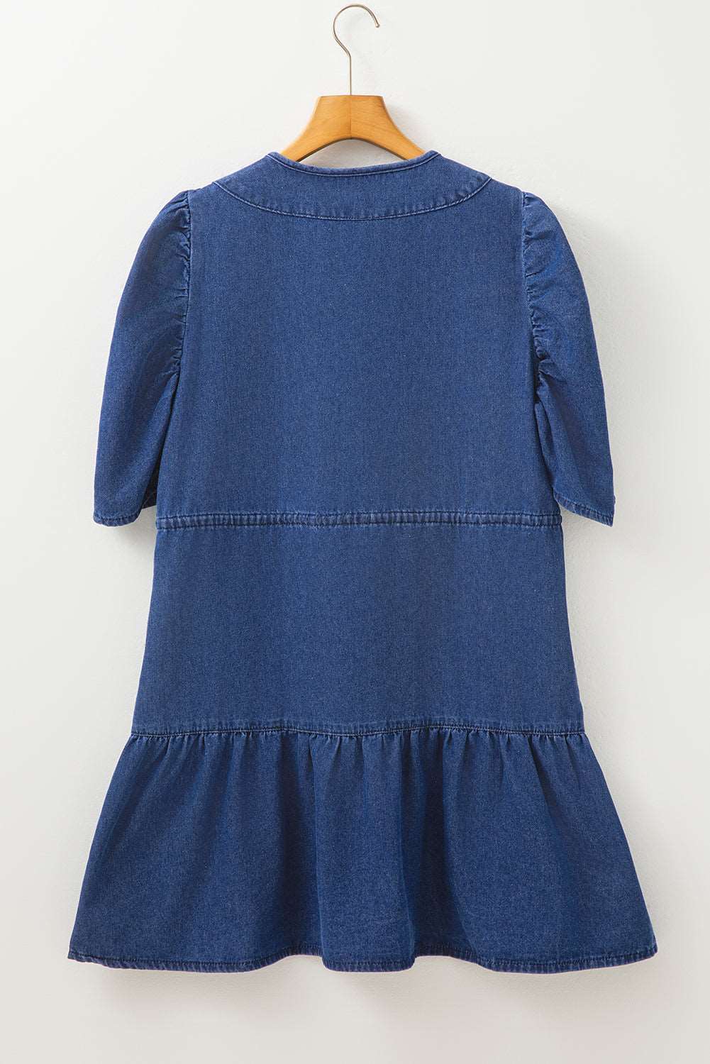 Blue Drawstring High Waist Puff Sleeve Denim Mini Dress - MAD RUFFI