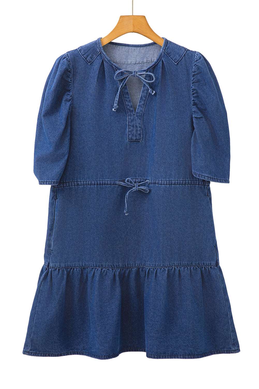 Blue Drawstring High Waist Puff Sleeve Denim Mini Dress - MAD RUFFI