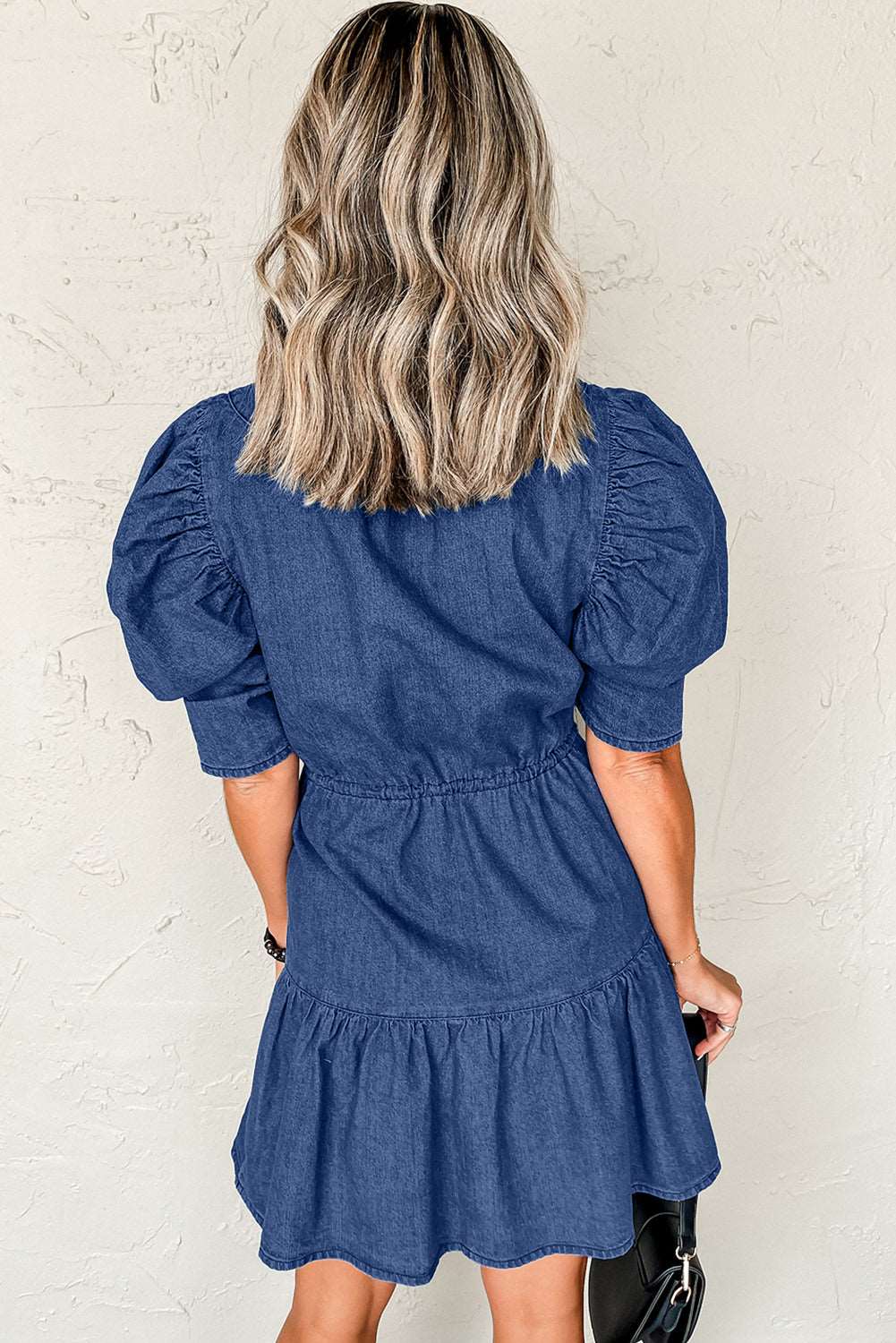 Blue Drawstring High Waist Puff Sleeve Denim Mini Dress - MAD RUFFI