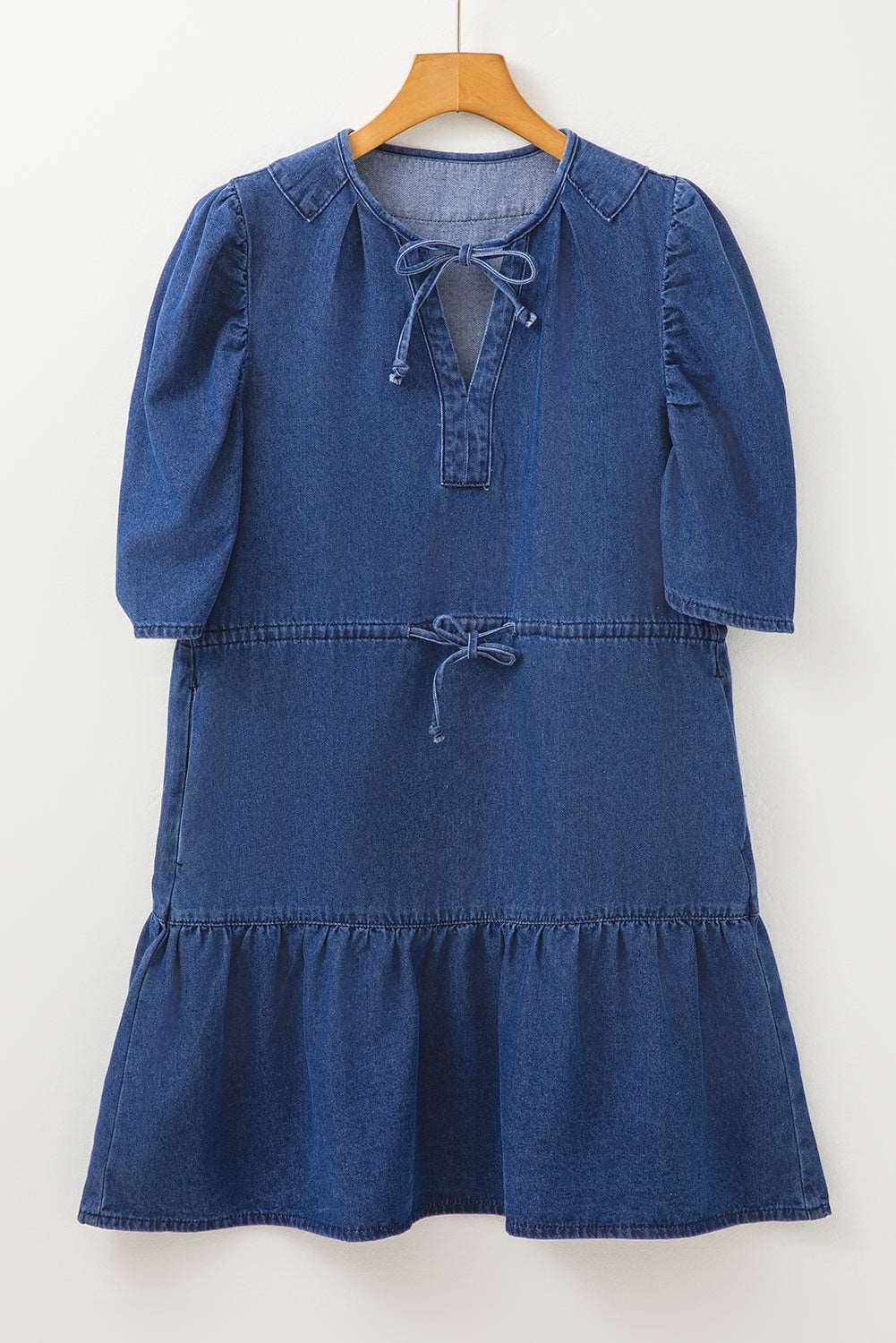 Blue Drawstring High Waist Puff Sleeve Denim Mini Dress - MAD RUFFI