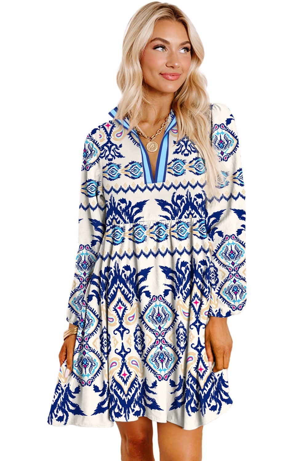 Blue Ethnic Print Pop of Color Neckline Long Sleeve Dress - MAD RUFFI