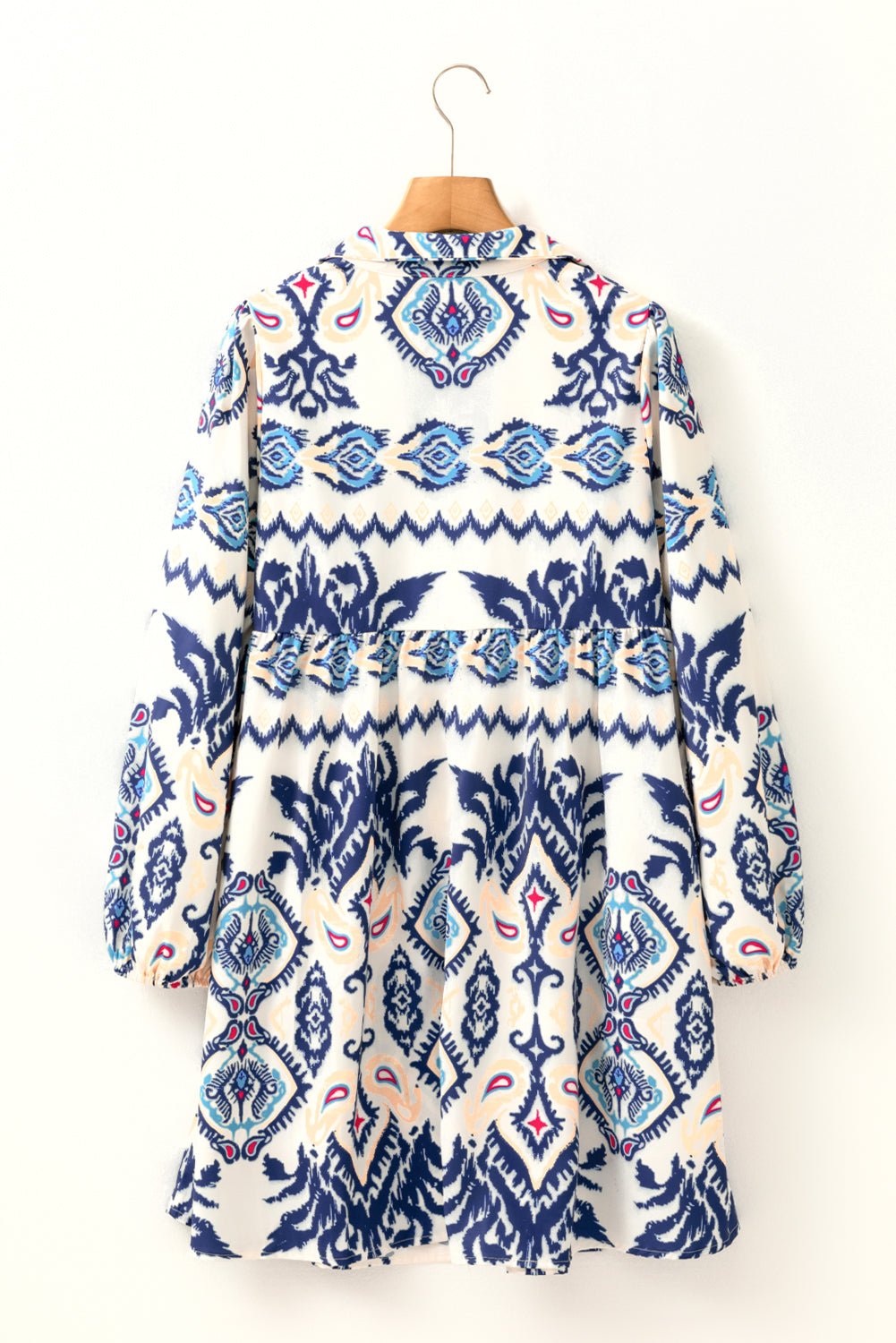Blue Ethnic Print Pop of Color Neckline Long Sleeve Dress - MAD RUFFI