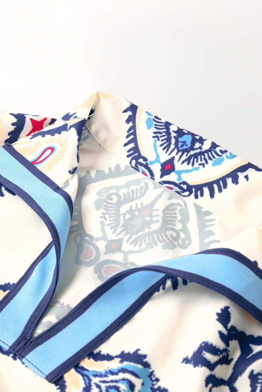 Blue Ethnic Print Pop of Color Neckline Long Sleeve Dress - MAD RUFFI