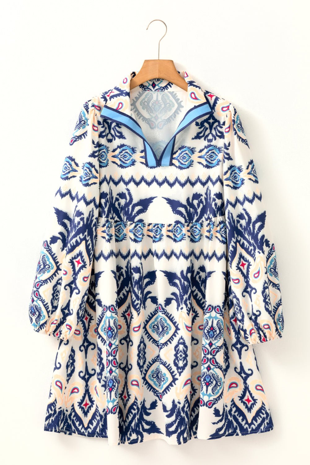 Blue Ethnic Print Pop of Color Neckline Long Sleeve Dress - MAD RUFFI