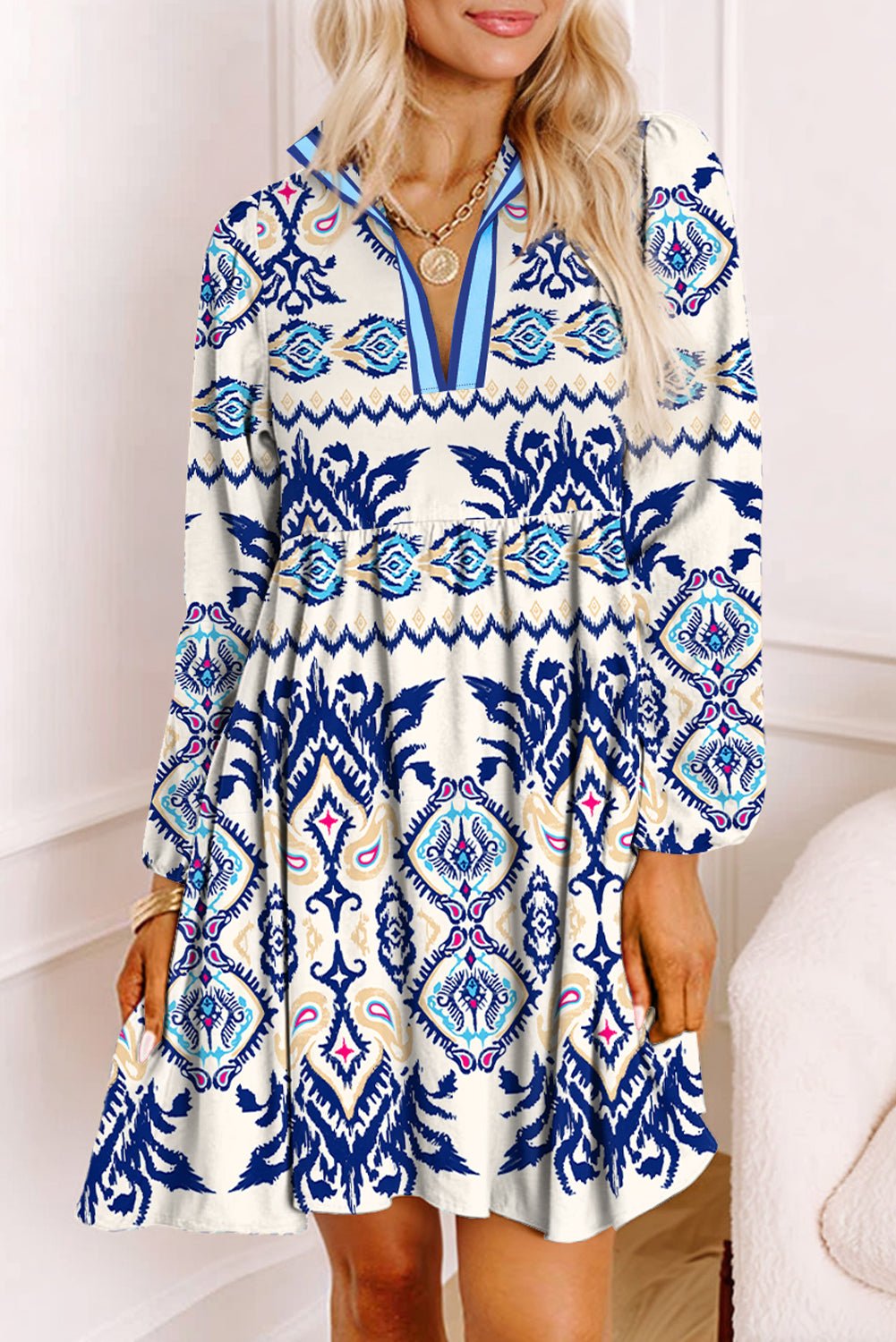 Blue Ethnic Print Pop of Color Neckline Long Sleeve Dress - MAD RUFFI
