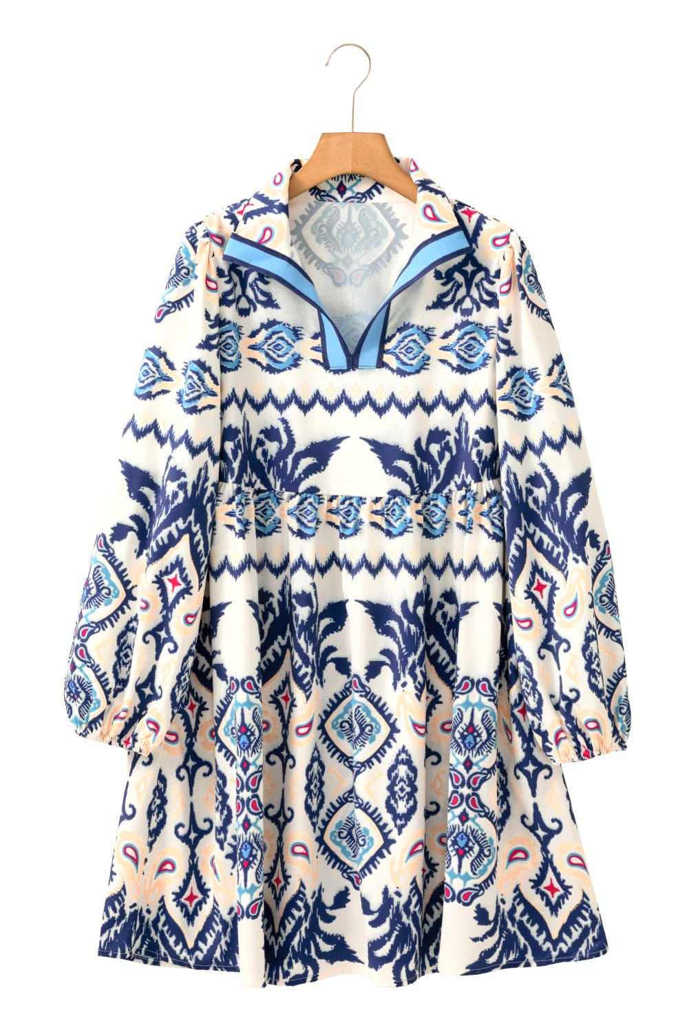 Blue Ethnic Print Pop of Color Neckline Long Sleeve Dress - MAD RUFFI