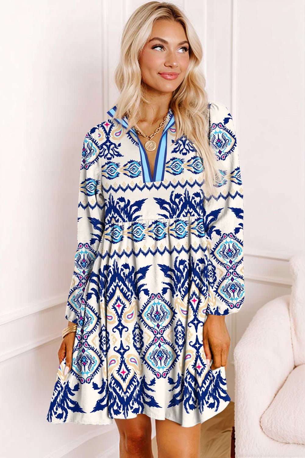 Blue Ethnic Print Pop of Color Neckline Long Sleeve Dress - MAD RUFFI