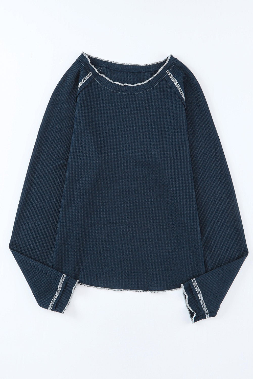 Blue Exposed Seam Textured Pullover Long Sleeve Top - MAD RUFFI