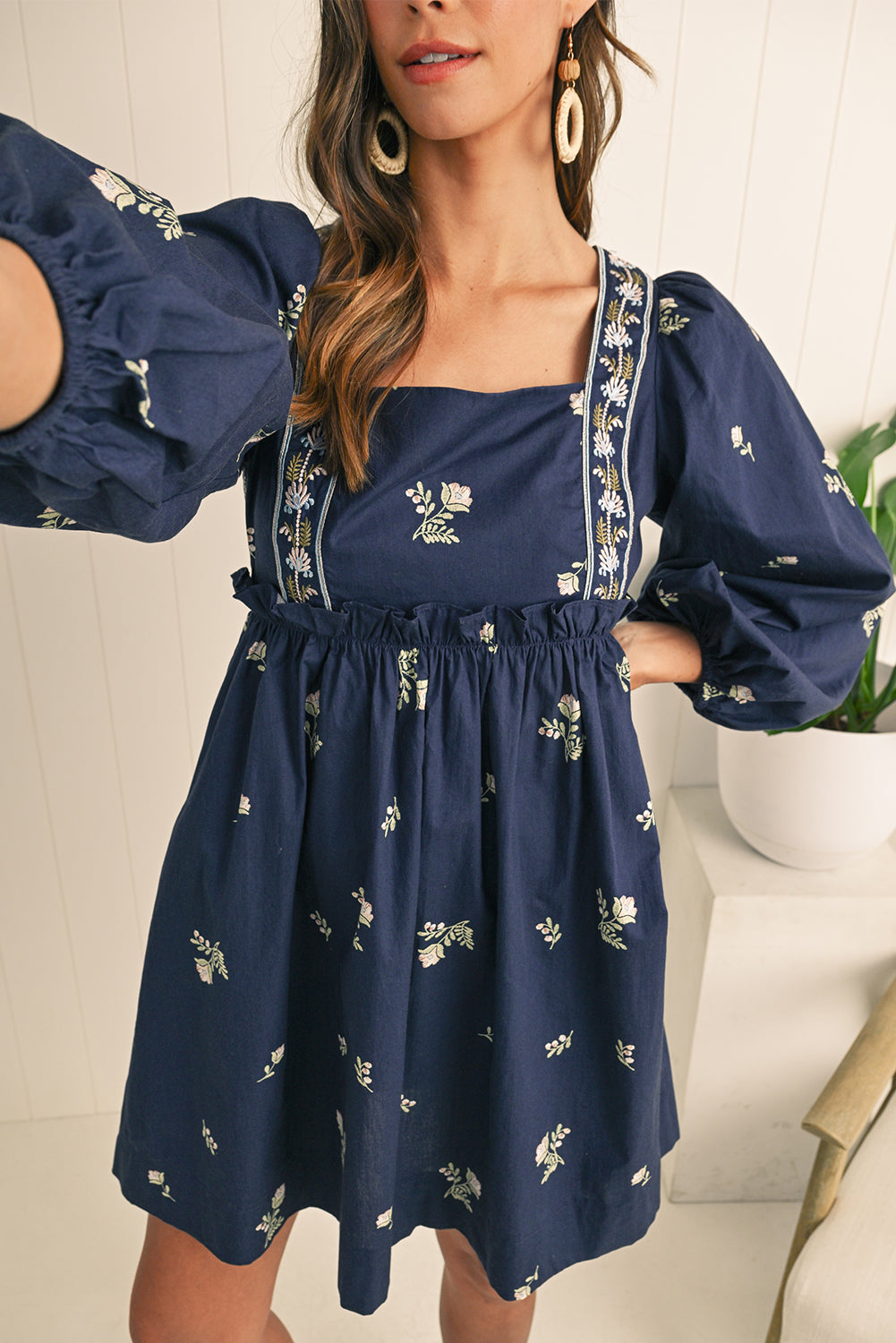 Blue Floral Embroidered Puff Sleeve Babydoll Dress - Blue / S - Short Dresses