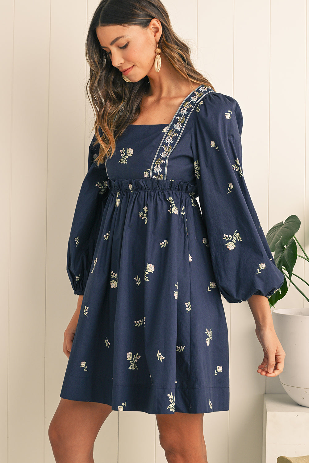 Blue Floral Embroidered Puff Sleeve Babydoll Dress - Short Dresses