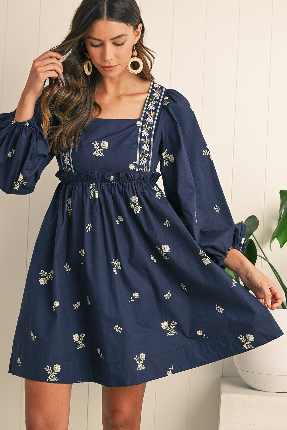 Blue Floral Embroidered Puff Sleeve Babydoll Dress - Short Dresses