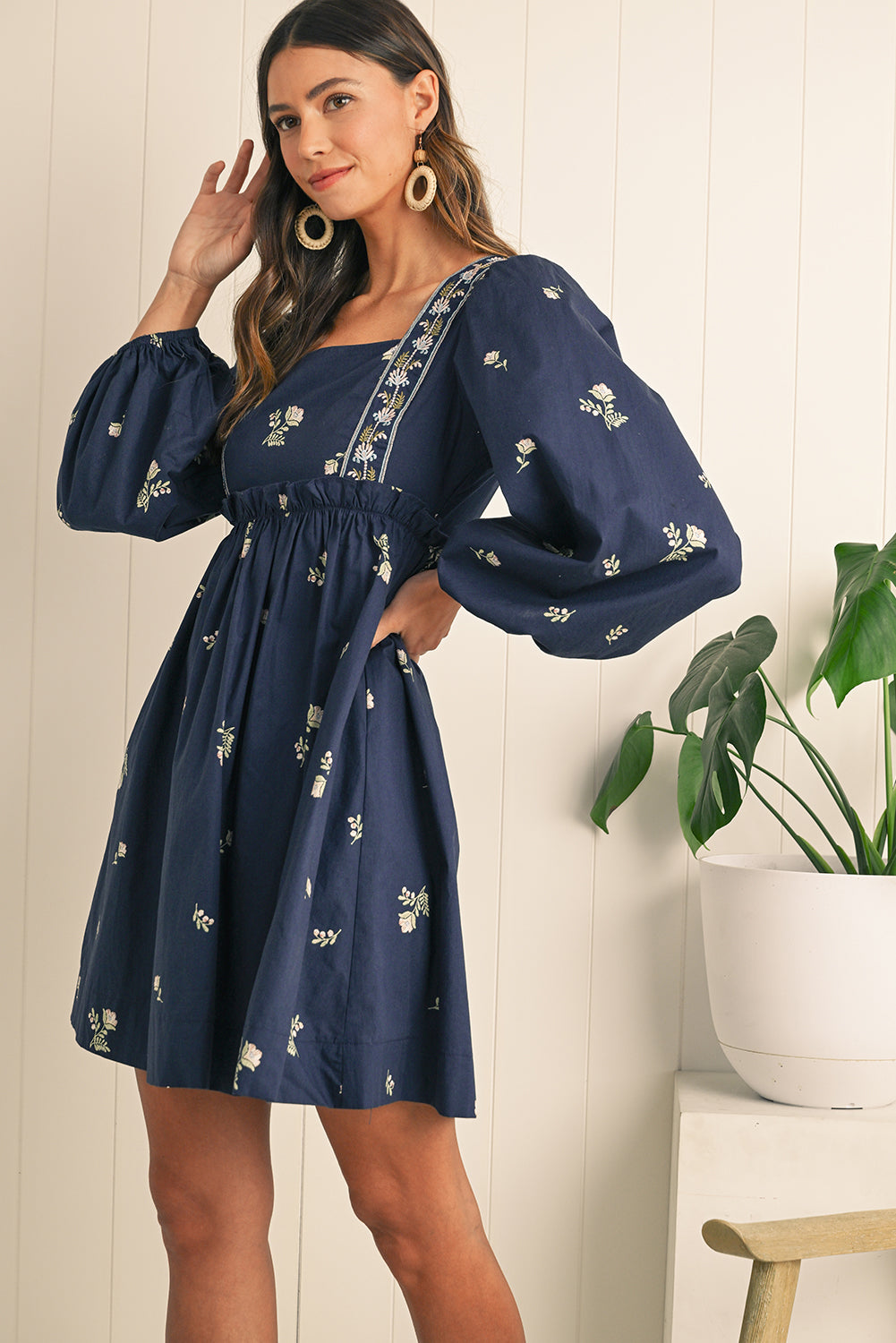 Blue Floral Embroidered Puff Sleeve Babydoll Dress - Short Dresses