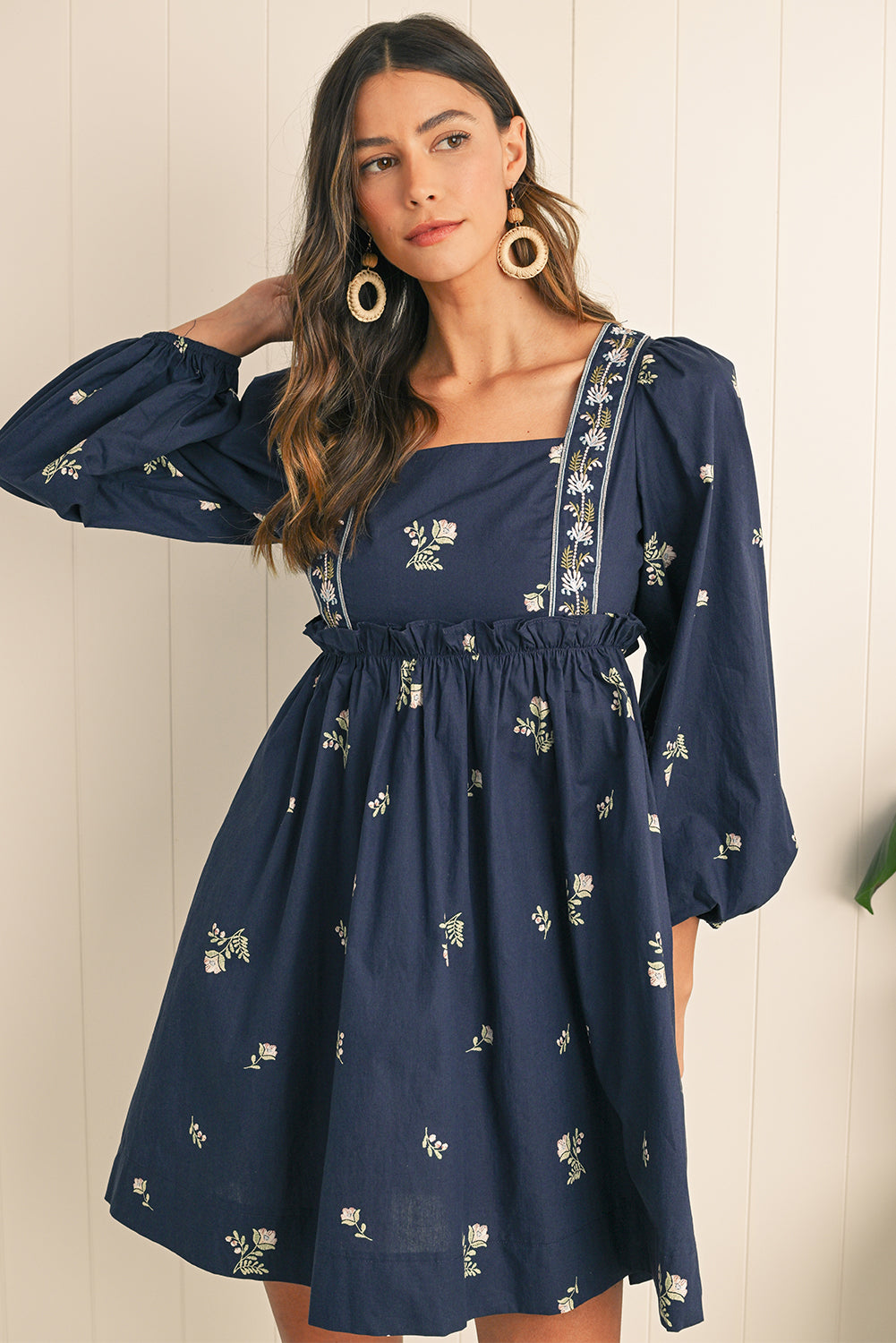 Blue Floral Embroidered Puff Sleeve Babydoll Dress - Short Dresses