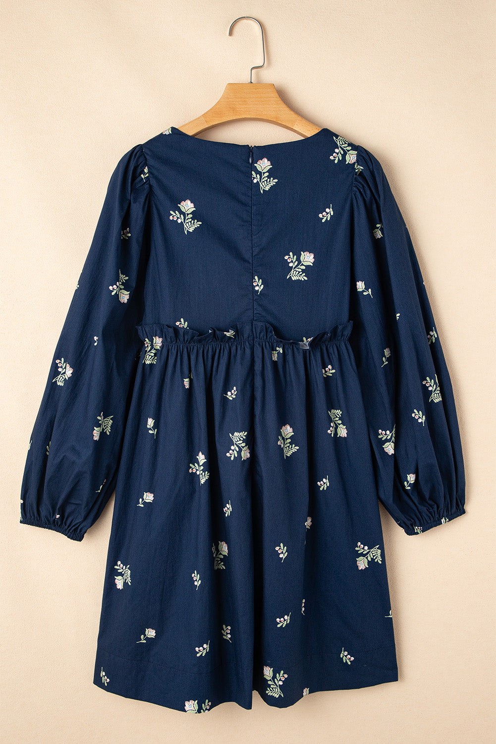 Blue Floral Embroidered Puff Sleeve Babydoll Dress - Short Dresses