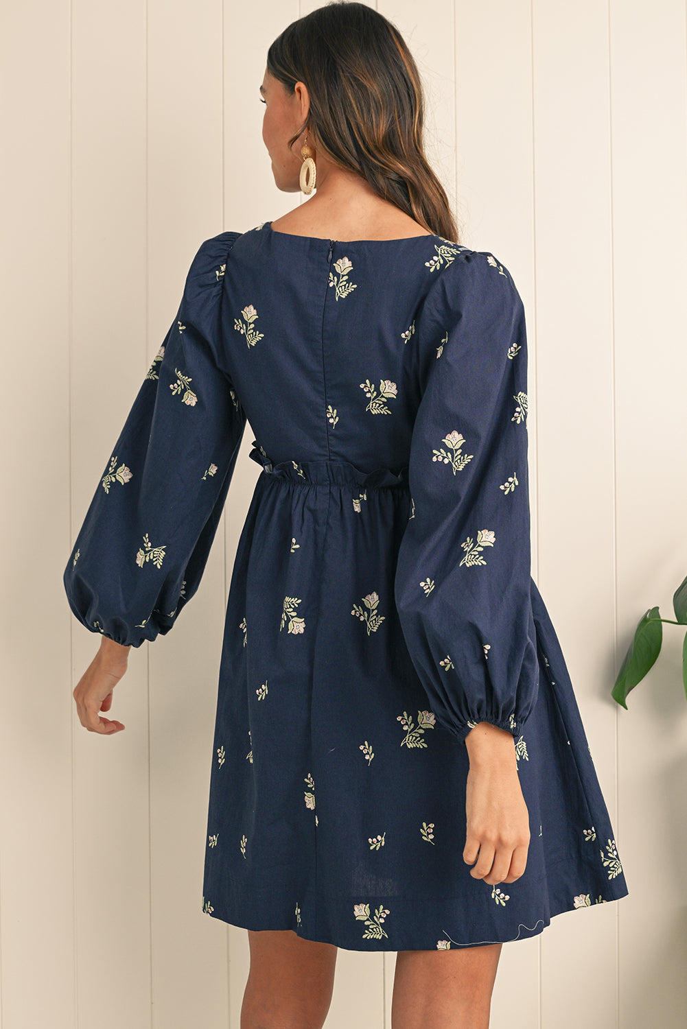 Blue Floral Embroidered Puff Sleeve Babydoll Dress - Short Dresses