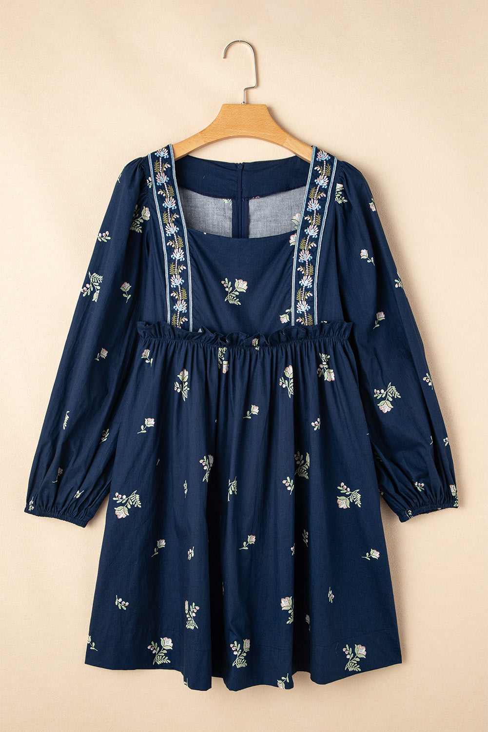 Blue Floral Embroidered Puff Sleeve Babydoll Dress - Short Dresses