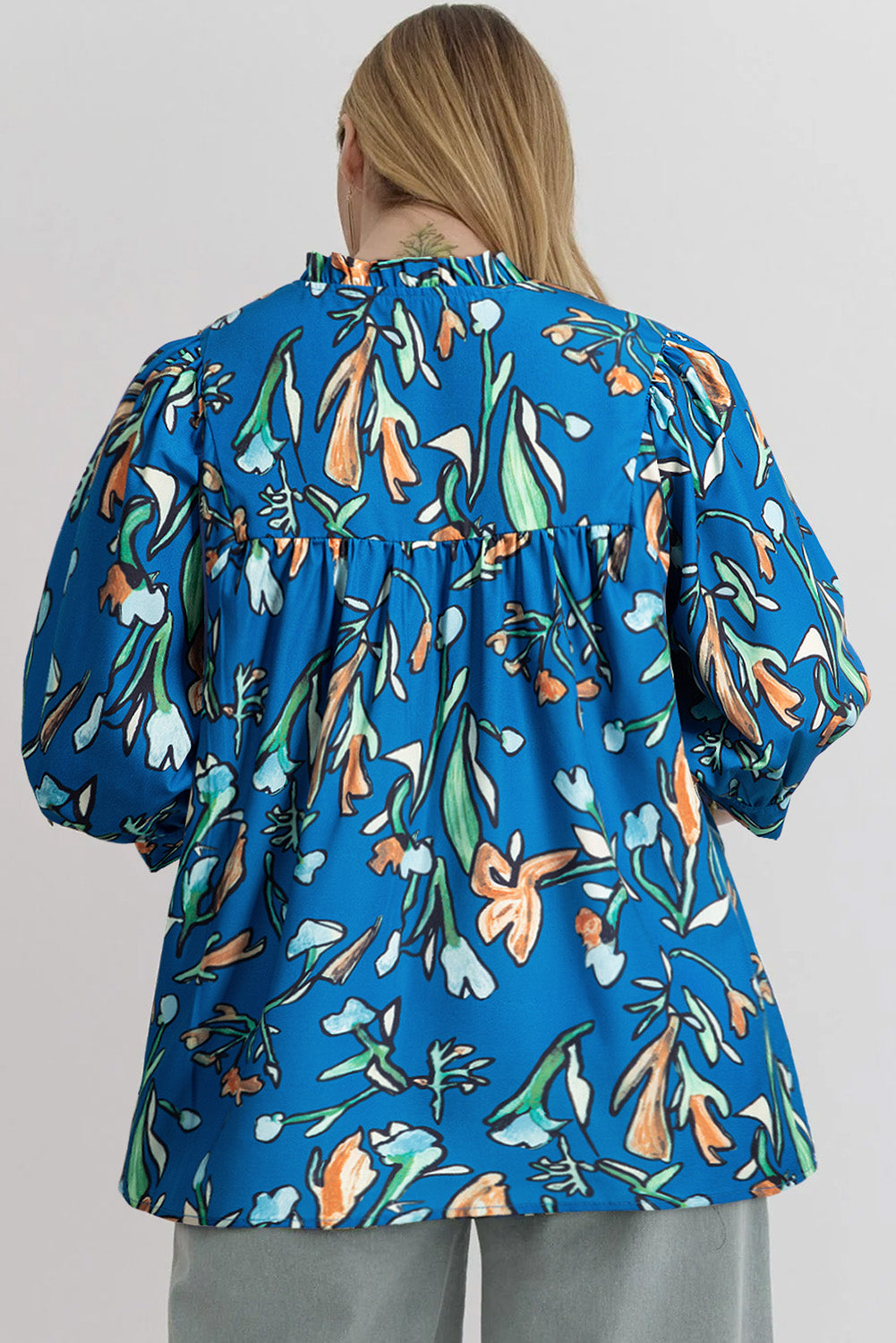 Blue Floral Notched V Neck Half Sleeve Plus Size Blouse - Plus Size Tops