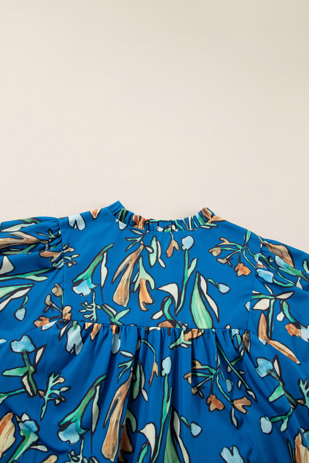 Blue Floral Notched V Neck Half Sleeve Plus Size Blouse - Plus Size Tops