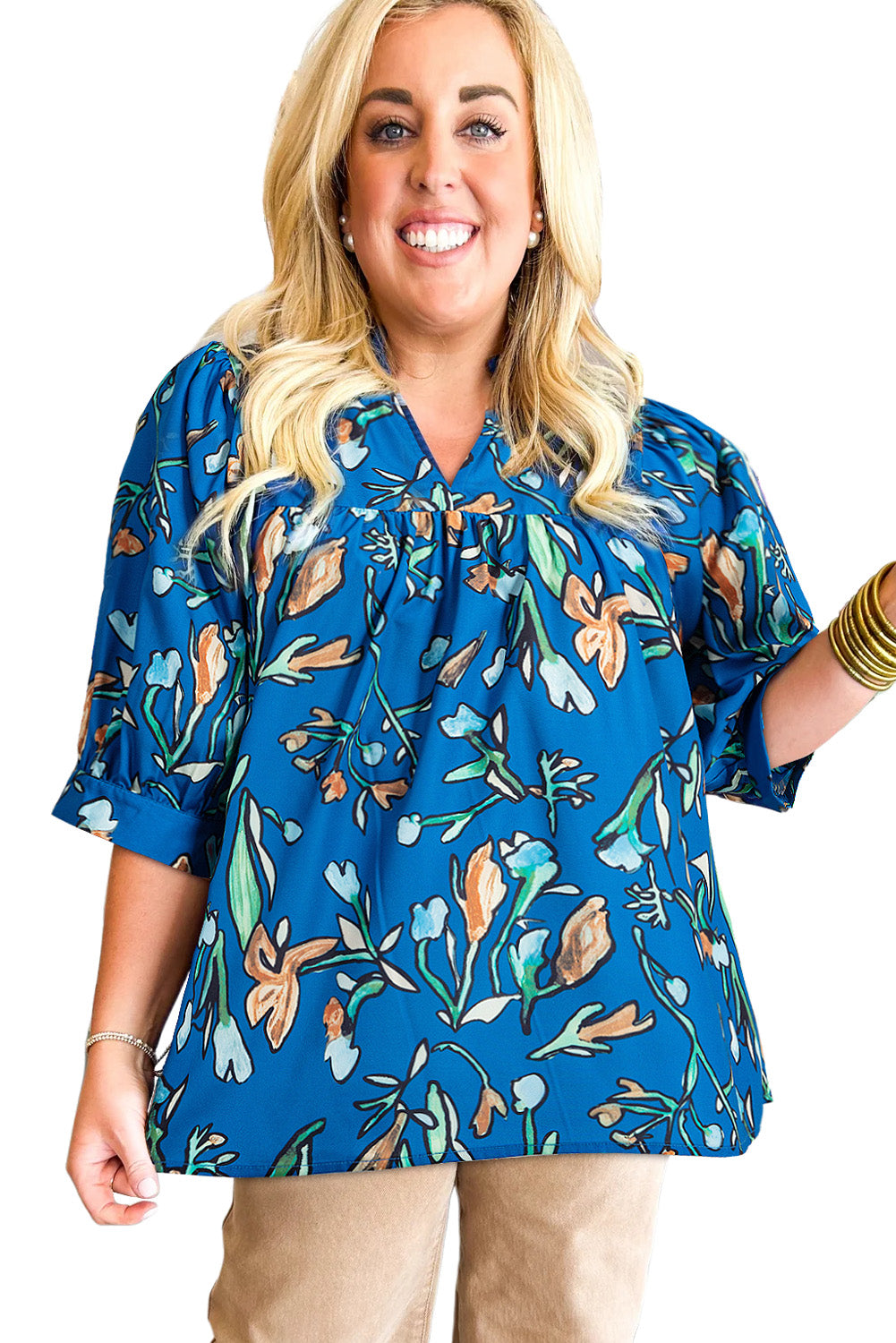 Blue Floral Notched V Neck Half Sleeve Plus Size Blouse - Plus Size Tops